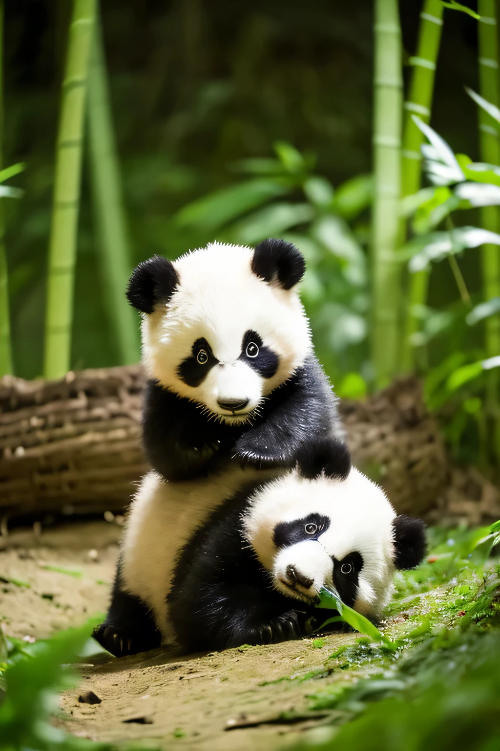 Two pandas playing innocently in the bamboo forest, detailed high resolution, 4k,