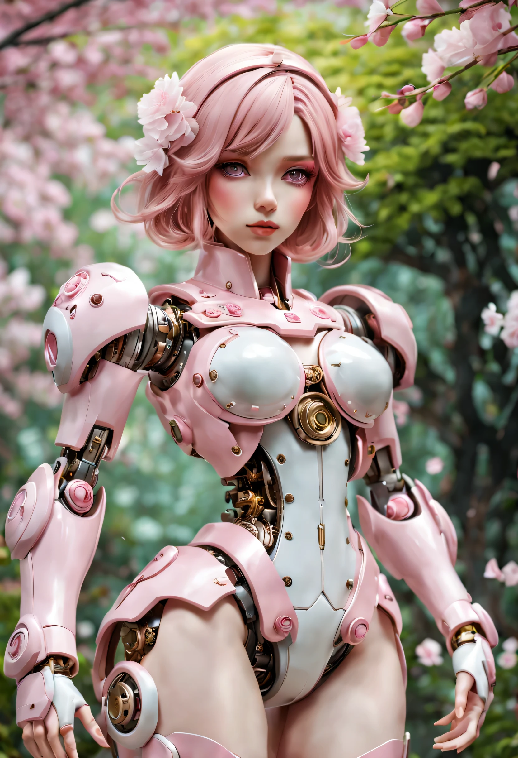 Mechanical girl&#39;s&#39;s body is covered by mecha，Exquisite metal connector，Complex clockwork mechanism，Surrounded by peaceful gardens，The garden is filled with pink and white flowers，Lush green plants。that girl&#39;s’s eyes are delicate and charming，Shining with a hint of mystery。The details on her lips are beautiful，Carefully applied soft pink。She stands elegantly，Elegant posture，This pose exudes a sense of calm and attitude。Petals fall gently like drizzle，A pink carpet formed under the girl&#39;foot。The color palette is dominated by pastel tones，Emphasize the beauty of cherry blossoms。The light is soft and diffuse，Cast soft shadows，Enhance the ethereal texture of the scene。The overall picture quality reaches the highest level，Every detail is carefully and meticulously rendered，Create quality products。