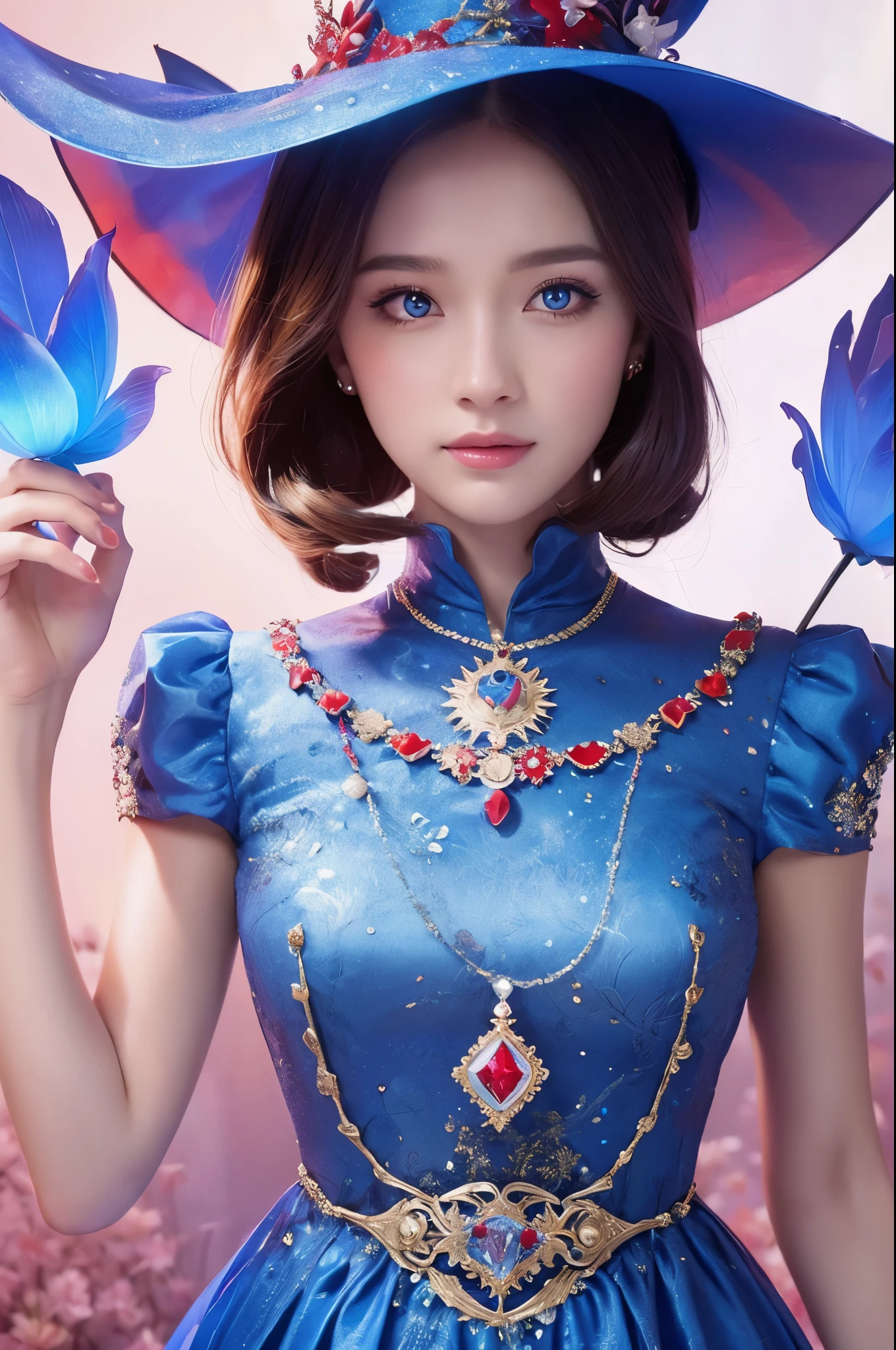 witch woman,conservative attire,Very nice headgear,blue,Wearing a blue, red and white princess dress,Upper body close-up,Close-up photos,jewelry,Visions of heaven and earth,Staff,exquisite magic