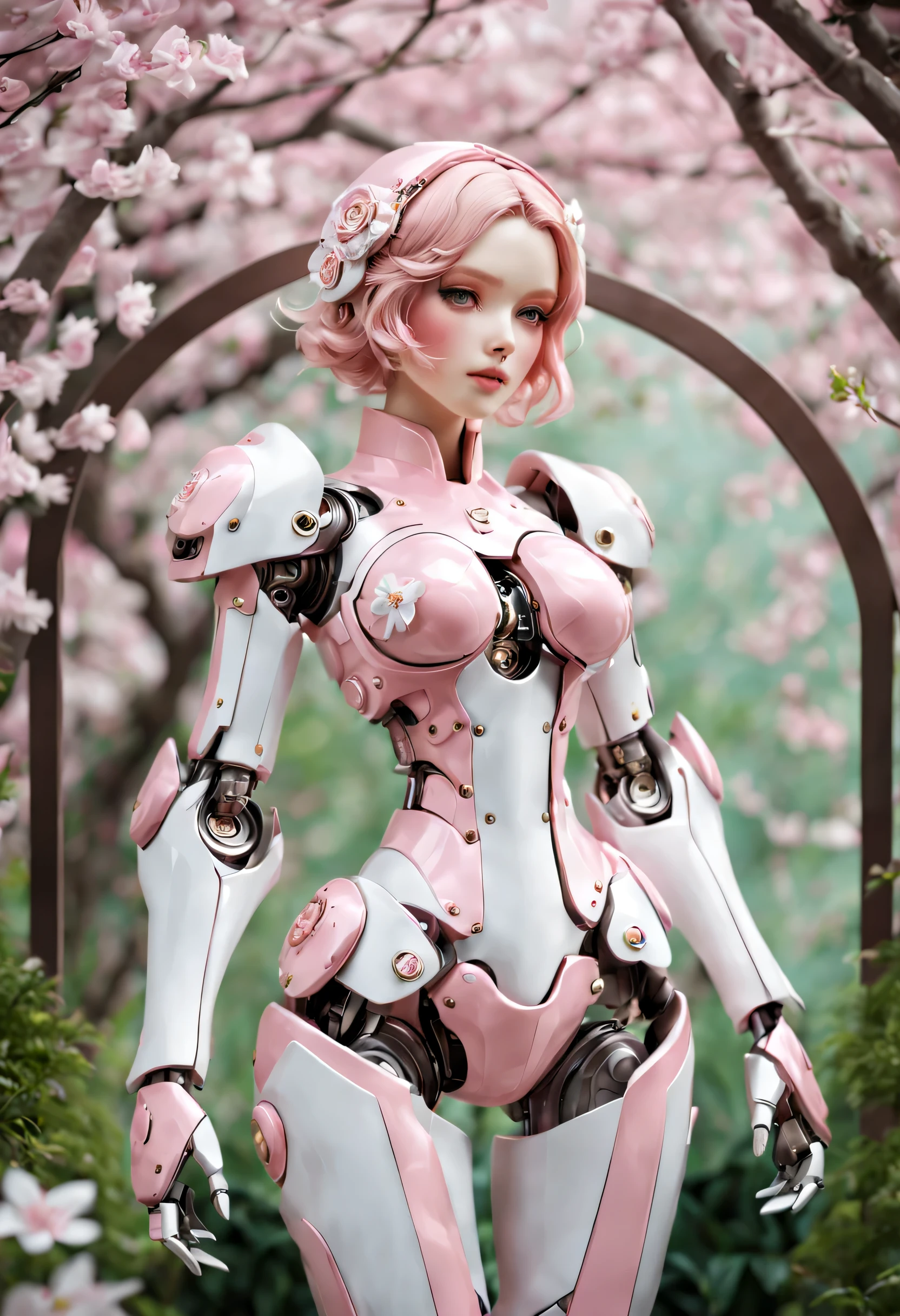 Mechanical girl&#39;s&#39;s body is covered by mecha，Exquisite metal connector，Complex clockwork mechanism，Surrounded by peaceful gardens，The garden is filled with pink and white flowers，Lush green plants。beautiful eyes，beautiful lips，pretty face，porcelain skin。She stands elegantly，Elegant posture，This pose exudes a sense of calm and attitude。Petals fall gently like drizzle，A pink carpet formed under the girl&#39;foot。The color palette is dominated by pastel tones，Emphasize the beauty of cherry blossoms。The light is soft and diffuse，Cast soft shadows，Enhance the ethereal texture of the scene。The overall picture quality reaches the highest level，Every detail is carefully and meticulously rendered，Create quality products。(best quality,4k,8k,high resolution,masterpiece:1.2),Super detailed,(actual,photoactual,photo-actual:1.37)