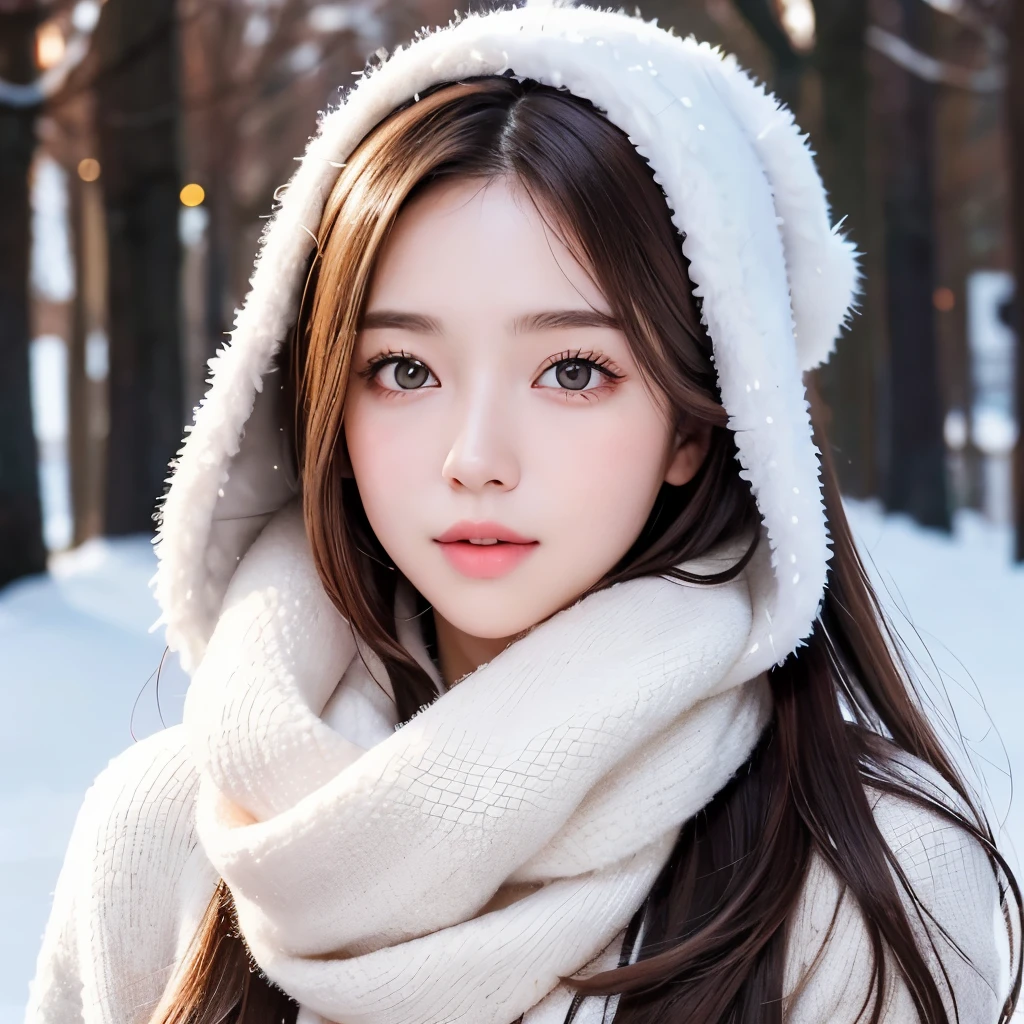 Girl, long brown hair, gray eyes, sharp features, white skin, winter style, Christmas atmosphere.