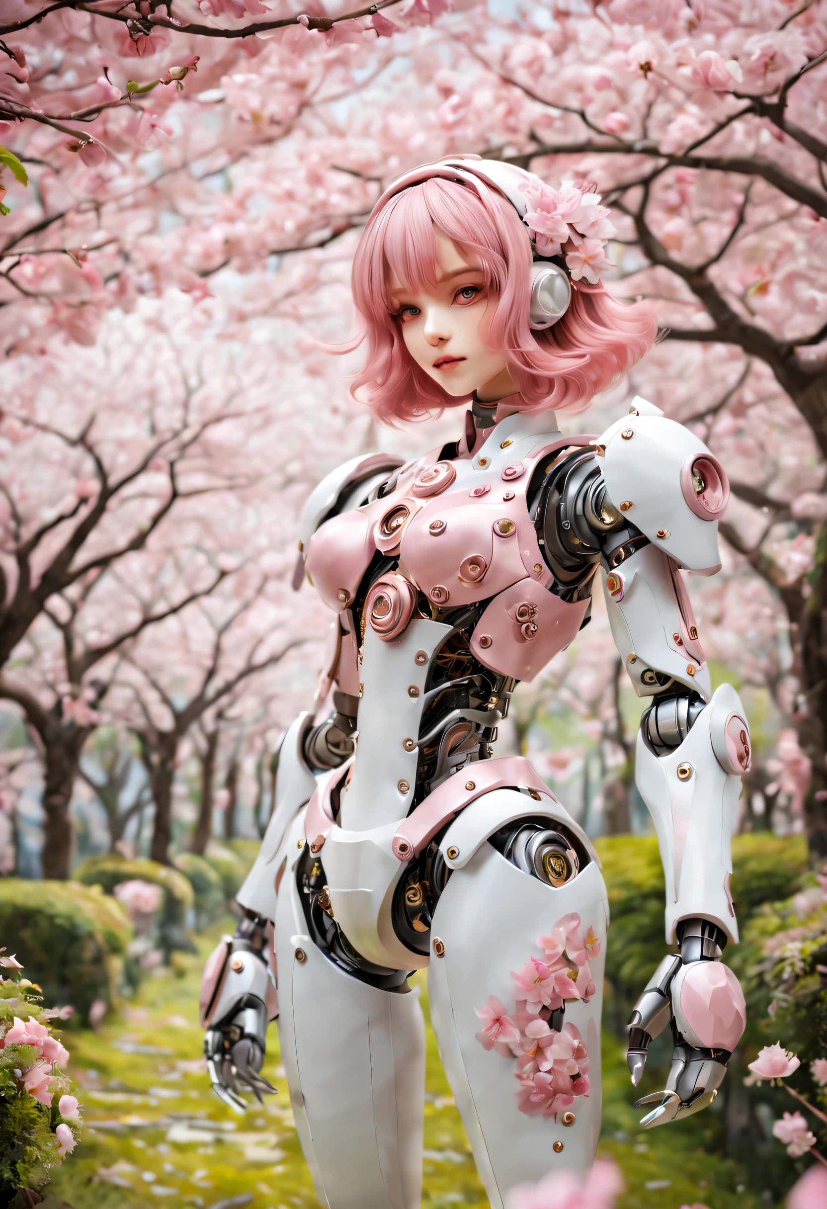 Mechanical girl&#39;s&#39;s body is covered by mecha，Exquisite metal connector，Complex clockwork mechanism，Surrounded by peaceful gardens，The garden is filled with pink and white flowers，Lush green plants。that girl&#39;s’s eyes are delicate and charming，Shining with a hint of mystery。The details on her lips are beautiful，Carefully applied soft pink。She stands elegantly，Elegant posture，This pose exudes a sense of calm and attitude。Petals fall gently like drizzle，A pink carpet formed under the girl&#39;foot。The color palette is dominated by pastel tones，Emphasize the beauty of cherry blossoms。The light is soft and diffuse，Cast soft shadows，Enhance the ethereal texture of the scene。The overall picture quality reaches the highest level，Every detail is carefully and meticulously rendered，Create quality products。