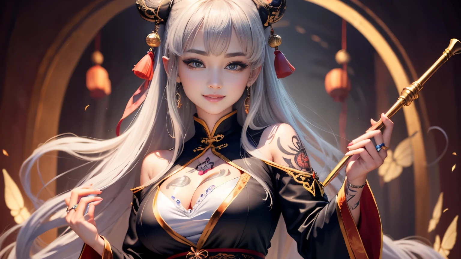 High resolution, 1 female, hip up, beautiful eyes, Ring-shaped eyes, jewelry, tattoo, Hanfu, chinese fairy, taoist uniform、cleavage、smile、