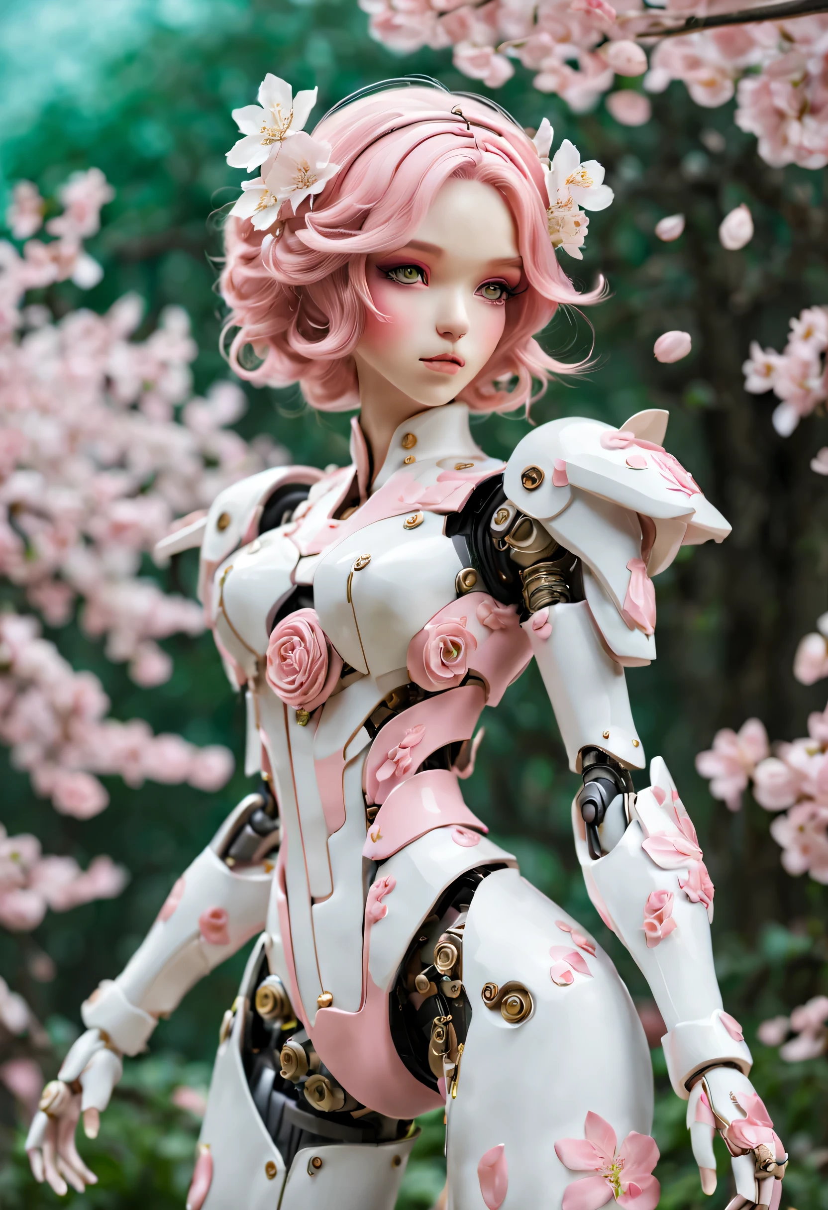 Mechanical girl&#39;s&#39;s body is covered by mecha，Exquisite metal connector，Complex clockwork mechanism，Surrounded by peaceful gardens，The garden is filled with pink and white flowers，Lush green plants。beautiful eyes，beautiful lips，pretty face，porcelain skin。She stands elegantly，Elegant posture，This pose exudes a sense of calm and attitude。Petals fall gently like drizzle，A pink carpet formed under the girl&#39;foot。The color palette is dominated by pastel tones，Emphasize the beauty of cherry blossoms。The light is soft and diffuse，Cast soft shadows，Enhance the ethereal texture of the scene。The overall picture quality reaches the highest level，Every detail is carefully and meticulously rendered，Create quality products。(best quality,4k,8k,high resolution,masterpiece:1.2),Super detailed,(actual,photoactual,photo-actual:1.37)