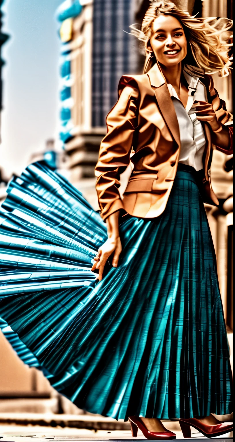 A smiling, authentic, (shy:1,3), kind, beautiful woman, is passionately in love with her skirt, sitting down on the gound while wind lifts her skirt, wearing short blazer and very very detailed (long (fully pleated) full circle skirt) and (low heeled court shoes), very very intricate hyper-detailed symmetric (attractive graceful young feminine face) with (sad, tired eyes and a loving smile), large breasts, full of empathy and compassion and love, (pronounced (feminine) features), (highly detailed ultra accurate realistic) hands and fingers, (windy), epic composition, highly detailed attributes, (35mm f1.4 Kodak portra 400 photograph), extremely high quality RAW photograph, highly detailed atmosphere, sci-fi, cinematic shot, dynamic lighting, 75mm, Technicolor, Panavision, cinemascope, sharp focus, fine details, 8k, HDR, realism, realistic, key visual, film still, superb cinematic color grading, depth of field