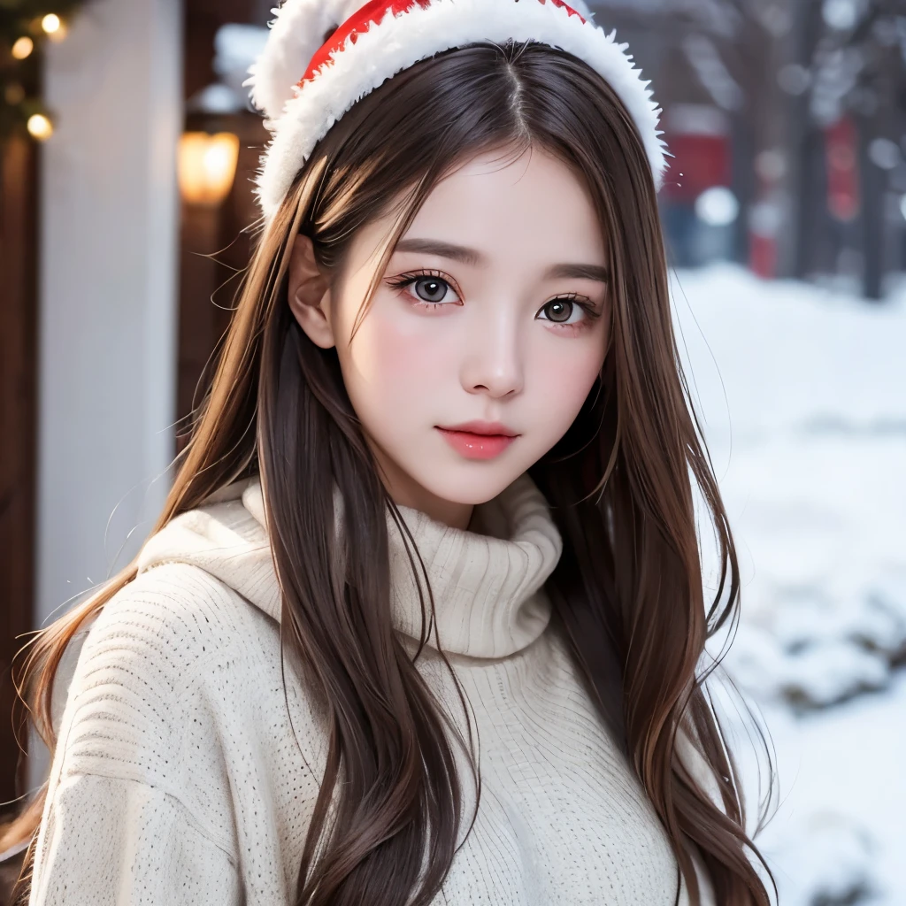 Girl, long brown hair, gray eyes, sharp features, white skin, winter style, Christmas atmosphere.