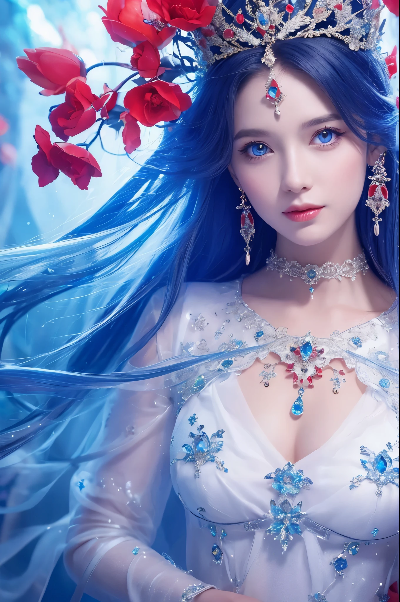 witch woman,Open dress code,Very nice headgear,blue,Wearing a blue, red and white princess dress,Upper body close-up,Close-up photos,jewelry,Visions of heaven and earth,Staff,exquisite magic