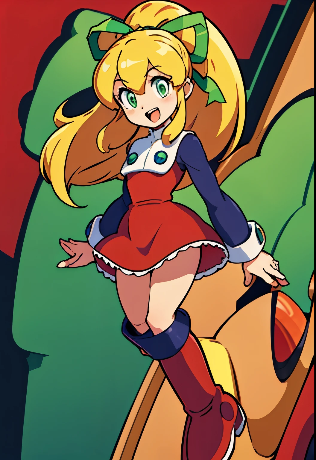 masterpiece, high quality, megamanroll, 1girl, solo, green eyes, blonde hair, ponytail, ribbon, open mouth, boots, dress, smile, long hair, knee boots, red dress, hair ribbon, red footwear, long sleeves, red skirt, green ribbon, looking at viewer, sidelocks, skirt, boots, futuristic city, robot behind,