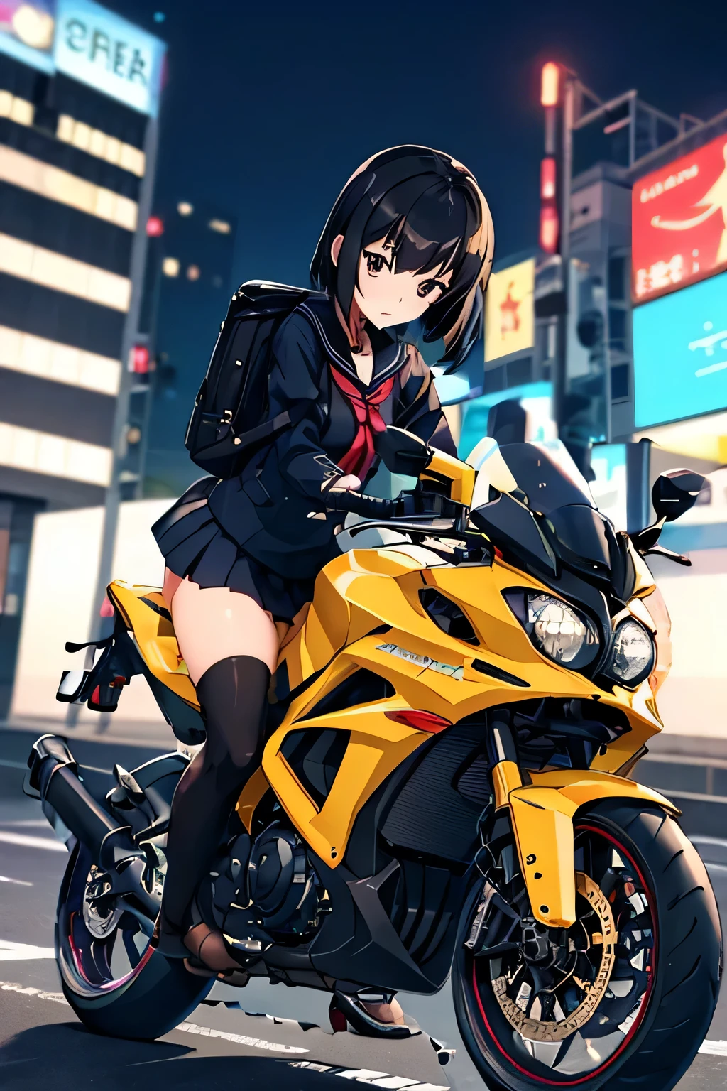 masterpiece, highest quality, 1 girl, alone, Jacket, school uniform, serafuku, Thighhighs, wearing gloves, wearing a backpack, black hair, black eye, cyber punk, street, Mechanical, car, motorcycle, panorama, wear a helmet, speed line, written boundary depth, motion blur, perspective, panorama, riding, floating hair, night, neon trim, hand on hand grip,