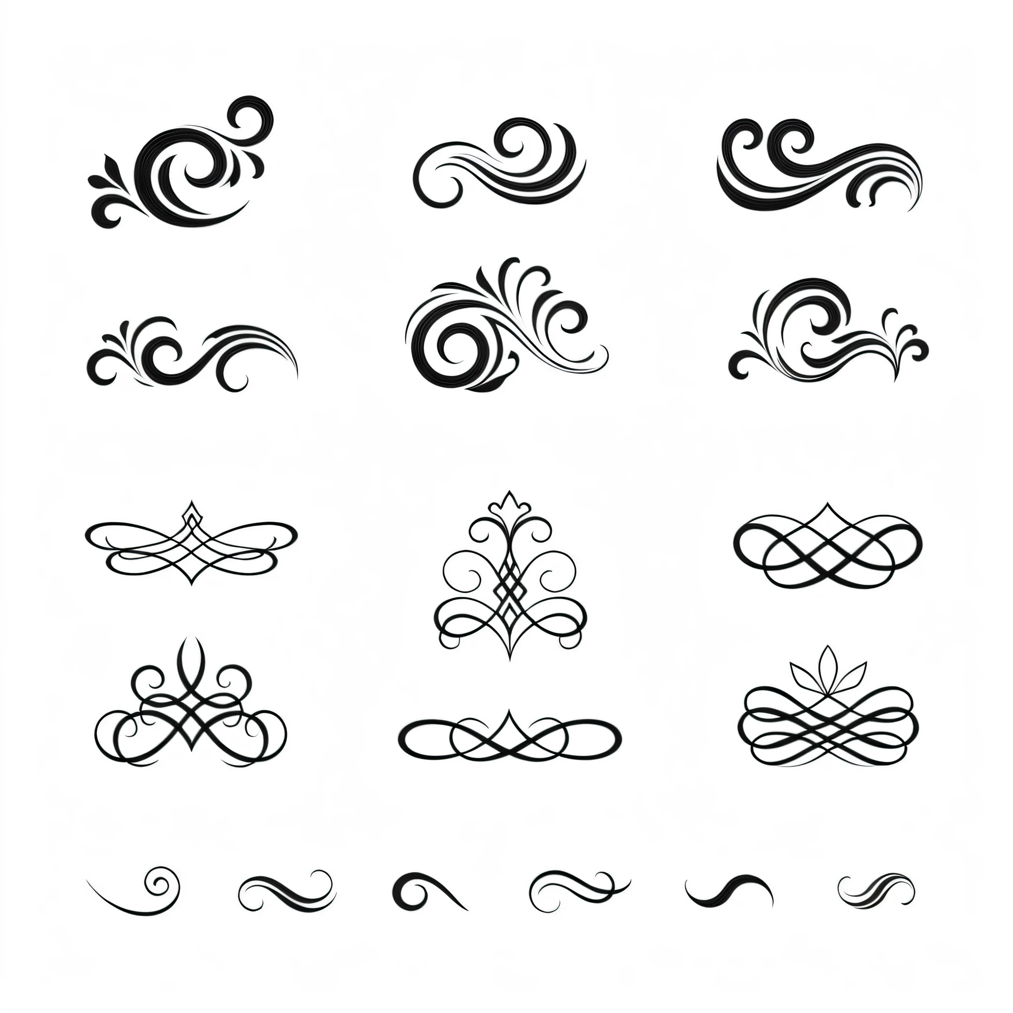 a set of nine different swirl designs on a white background, detailed decorative flourishes, ink flourishes, decorative ornaments, stylized thin lines, art nouveau design elements, intricate ornamental flourishes, design on white background, art nouveau curves and swirls, design on a white background, line vector art, decorative lines, art nouveau 3d curves and swirls