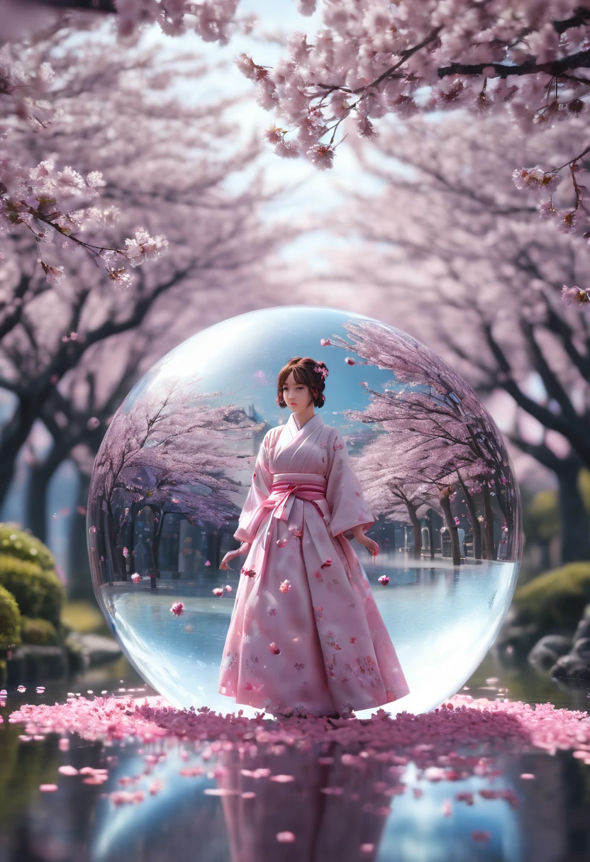1girl, The Sakura Maiden, aesthetic, Cherry blossom in a glass sphere tilt shift 16k bokeh sparkles surrounded by floating petals, detailed matte painting, deep color, fantastical, intricate detail, splash screen, complementary colors, fantasy concept art, 8k resolution trending on Artstation Unreal Engine 5