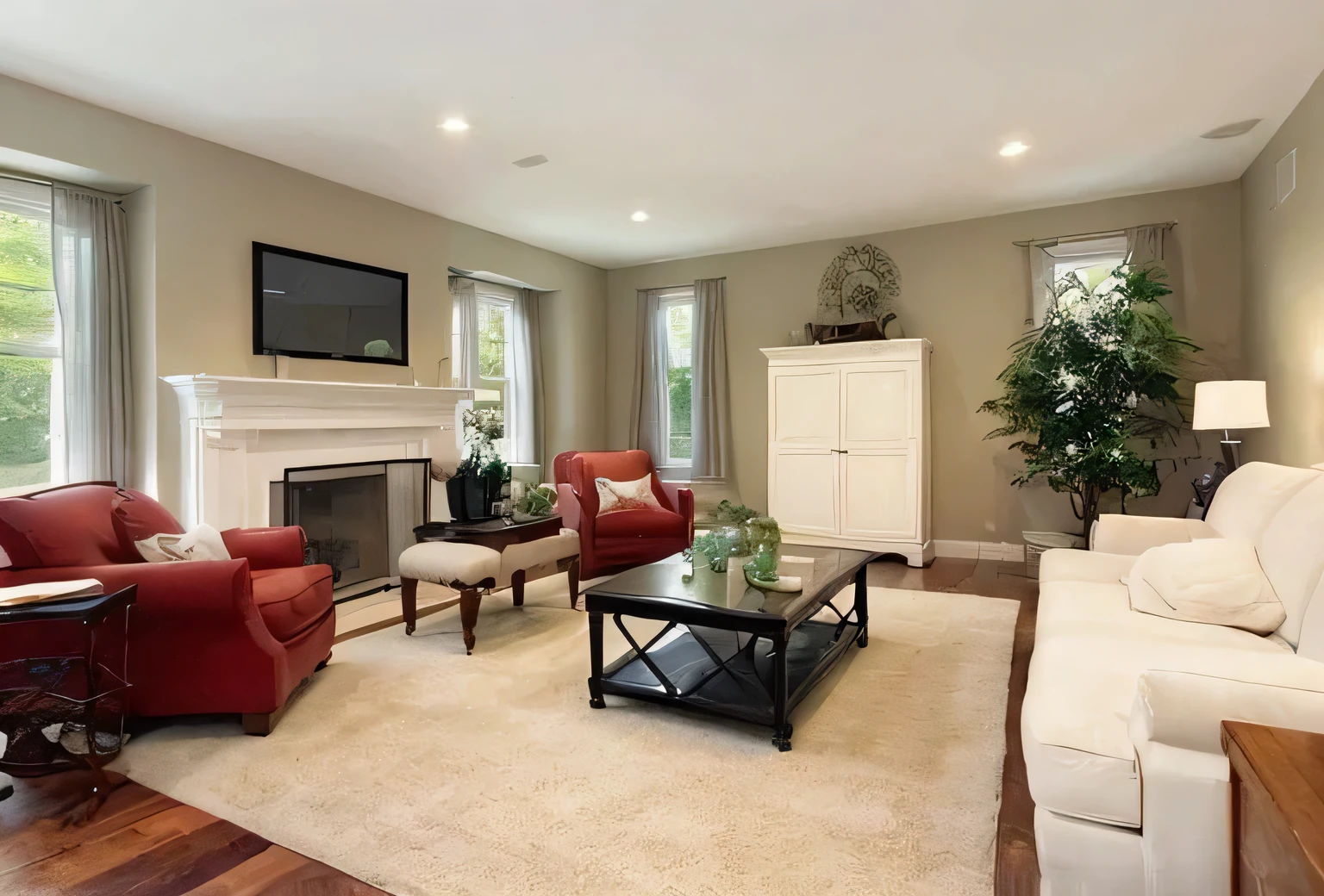Instead of a white cabinet, lay flat. Add two white cushions to your sofa..
