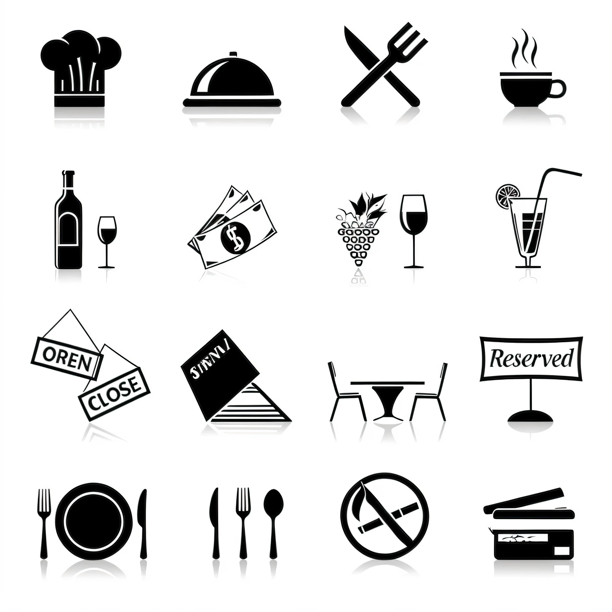 a set of black restaurant icons with reflection on white background, pictogram, istock, simplistic iconography, restaurant menu photo, gourmet restaurant, symbols, vector, cuisine, vector”, stock illustration, restaurant, symbol, no restaurant, various posed, dessert, set 1 8 6 0, thumbnail, 1 6 x 1 6, restaurant!, restaurant!!!, fine dining