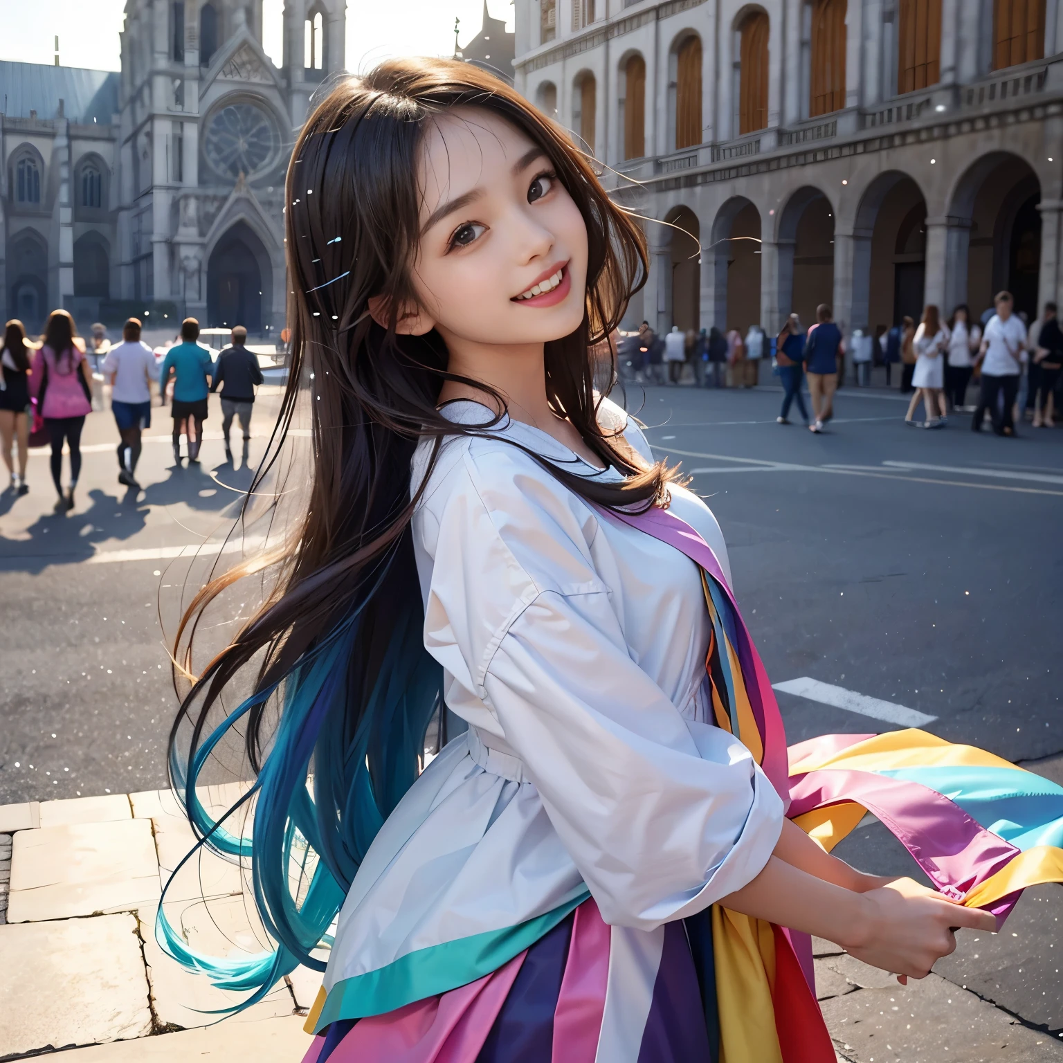 only 1 girl, laughing out loud, very beautiful, beautiful, Cute teenagers, Sweet, The sun is dazzling, beautiful飘逸的长裙， depth of field, blurred background, cathedral background, light particles, Strong wind, rainbow colors, head tilt, look back, long hair,