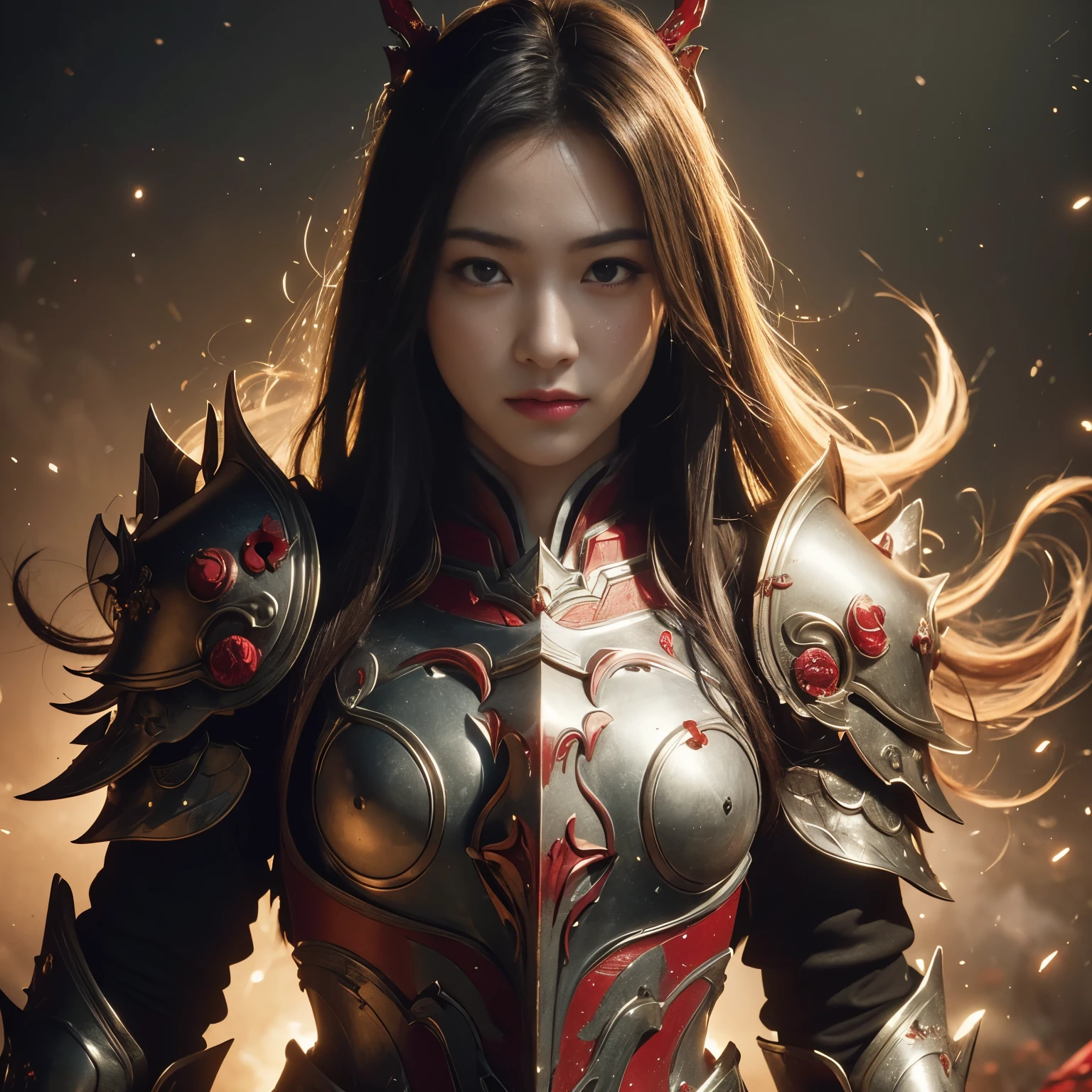 (((Realistic, masterpiece, best quality, crisp detail, high definition, high detail, sharp focus, perfect studio lightning))), girl wearing heavy golden armor, japan style armor, full body armor, full decorated armor, damaged armor, long straight hair, dirty, sweating, bloodstained face, blood scattered armor, bloodbath, carnage, showing long blood scattered sword, an epic war, fire everywhere, smoke everywhere, blood everywhere, death everywhere, sorrounded by enemies, japan edo period, brutal battle background
