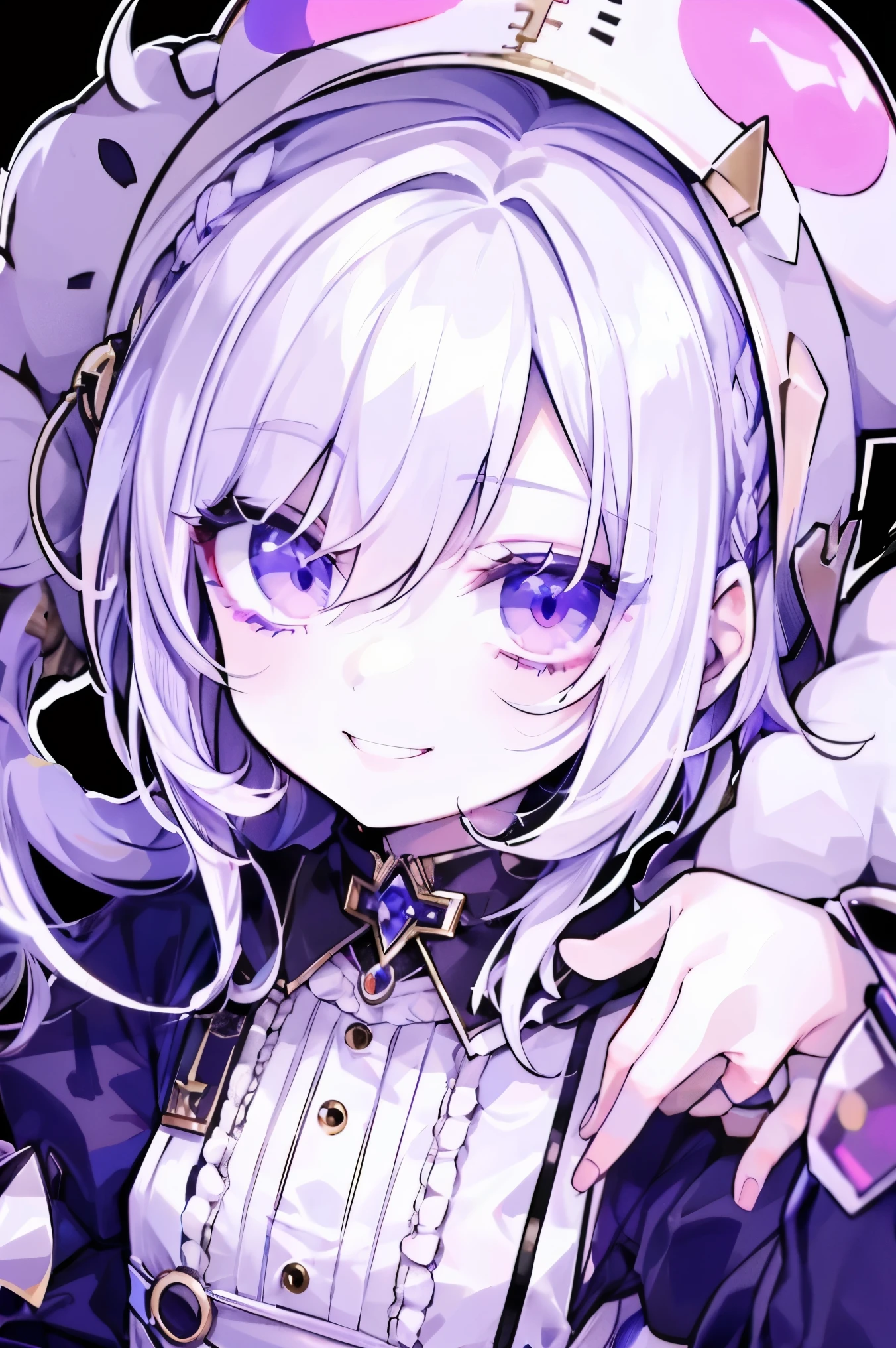 white haired girl, smiling clown costume, Another lilac hair horror scene, lilac eyes, long hair, smiling clown costume,