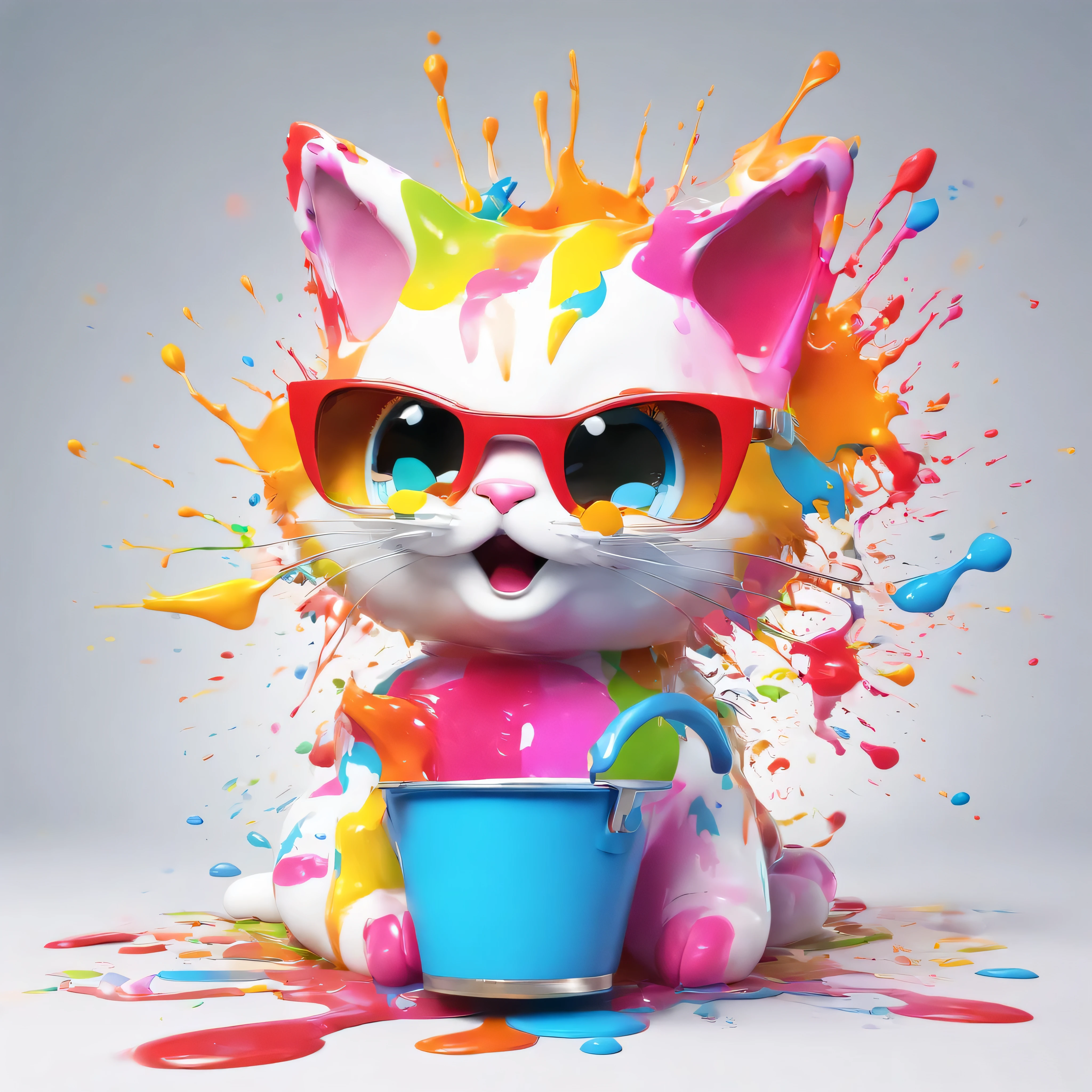 (masterpiece, highest quality, High resolution), white background, ((colorful paint splash, color splash, large amount of ink splash, color splash)), (Cute cat mascot wearing sunglasses), 3D anime, Holding a paintbrush, innocent smile, front, whole body, bucket of paint,