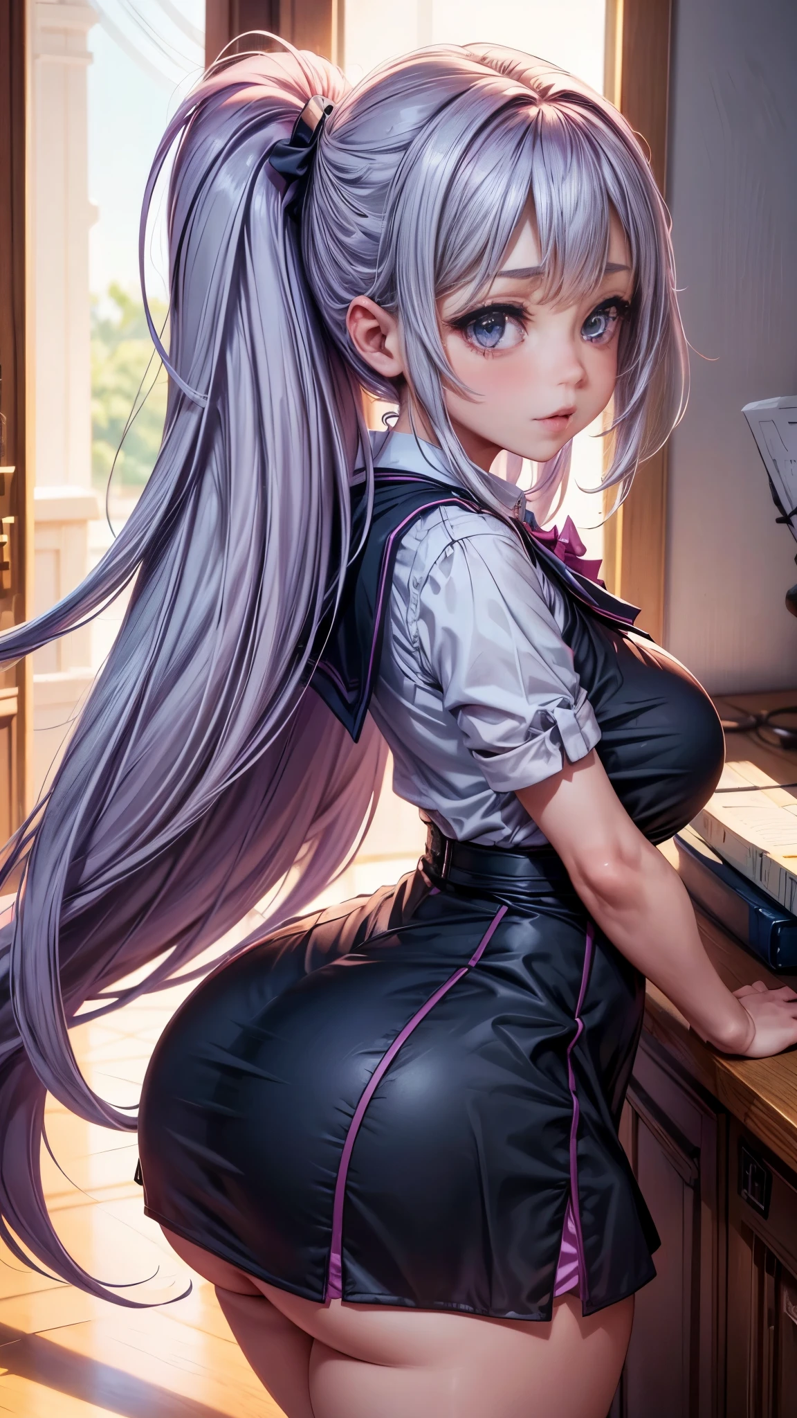 Rosto perfeito, standing on the ground, Depth of scenery, Bodyvenus, master piece, JS_DFStyle, estilo de desenho animado realista, sharp corners, sharp body angles, pointed chin, round eyes, big head, ShortstackBT, SAGGING BREASTS!, (SFW)!, 1 milf mini girl, rosto redondo, mini girl, (POV: Mini milf indecent school girl looking vulgar and lewd at viwer, apaixonada), POV, (silky messy hair, cabelo brilhoso), magrela, pestle waist, fino e grosso, [parte superior do corpo (tiny:1.5) (magrelo:1.0) ]!, peitos empinados, seios Enormes, UNIFORME azul e rosa, (mini blusa transparente rosa )! , [tiny waist:2.0]!, [PARTE INFERIOR DO CORPO (MAIOR:1.5)!! (Huge ASS:1.2) (quadril enorme:1.5)!! (COXAS GROSSAS:1.5)!! ], postura relaxada, Oil, look of lust, pele macia oleada, Perfection, In a high school with natural lighting in a quiet and cozy environment, Motor irreal, sharp focus, Melhor qualidade, High definition, ultradetalhado, luz e sombra, ambient lighting, texturizada, post production, post-editing, detalhes intrincados, Anime realista, mini  girl, forma obscena, sorriso sugestivo, corada, boca carnuda, Anime girl like naughty lewd babe, Dynamic Pose, SAPATINHO!, best angle, Sala de aula escolar ,realistic detailed scenery, Felicidade e alegria