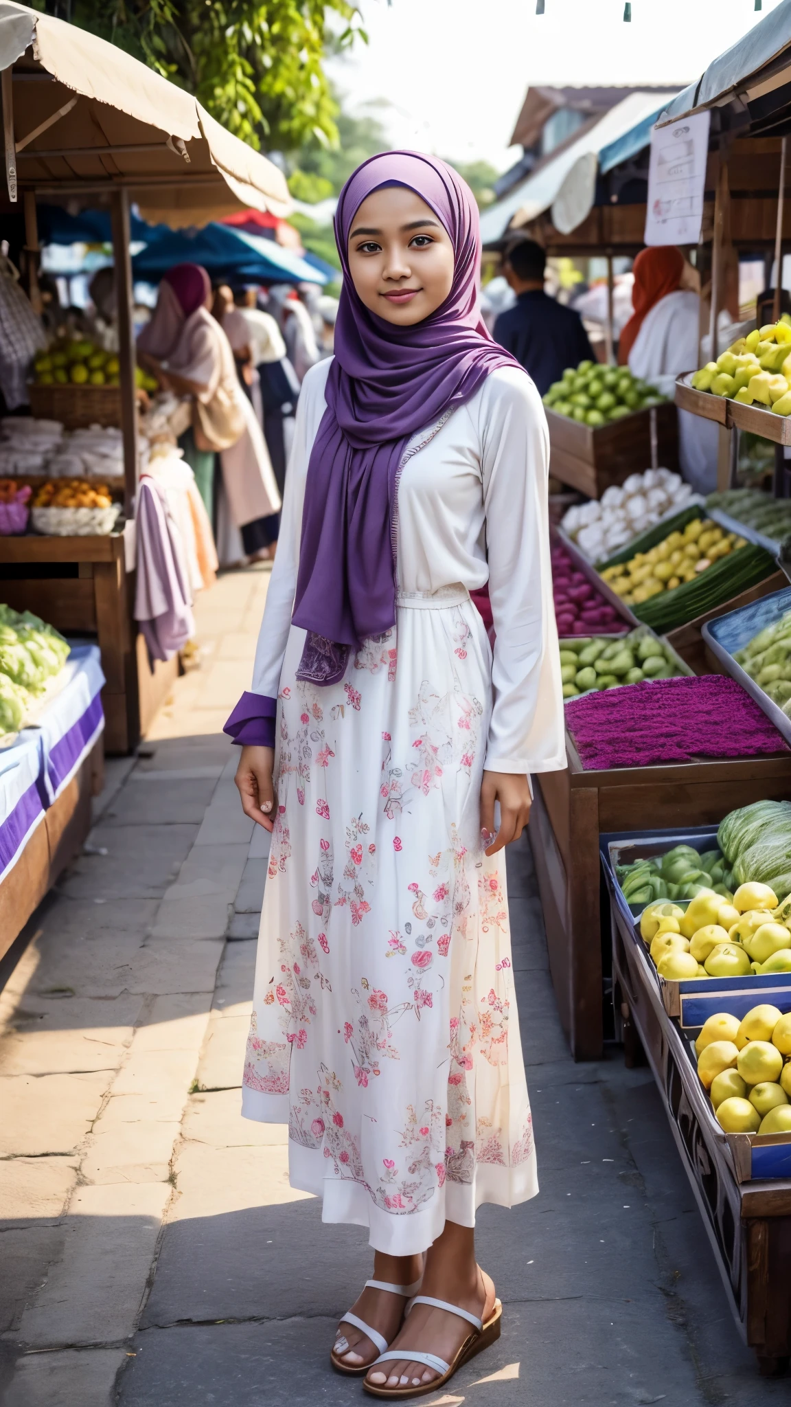Cute Indonesian young man,wearing soft purple hijab, perfect hijab, muslim women white long floral dress, long skirted, perfect dress, sandals,holding a purse,standing in a market,illustration,cozy atmosphere, morning scene,tranquil surroundings,serene expression,peaceful environment,pleasant weather,blissful ambiance,textured fabrics,exquisite detailing,lively marketplace,loose hijab,comfortable clothing style,serene expression, feminine pose,lively,energetic atmosphere,sunny day,bright and cheerful,face to viewer,body facing to viewer,full body portrait,tall background 