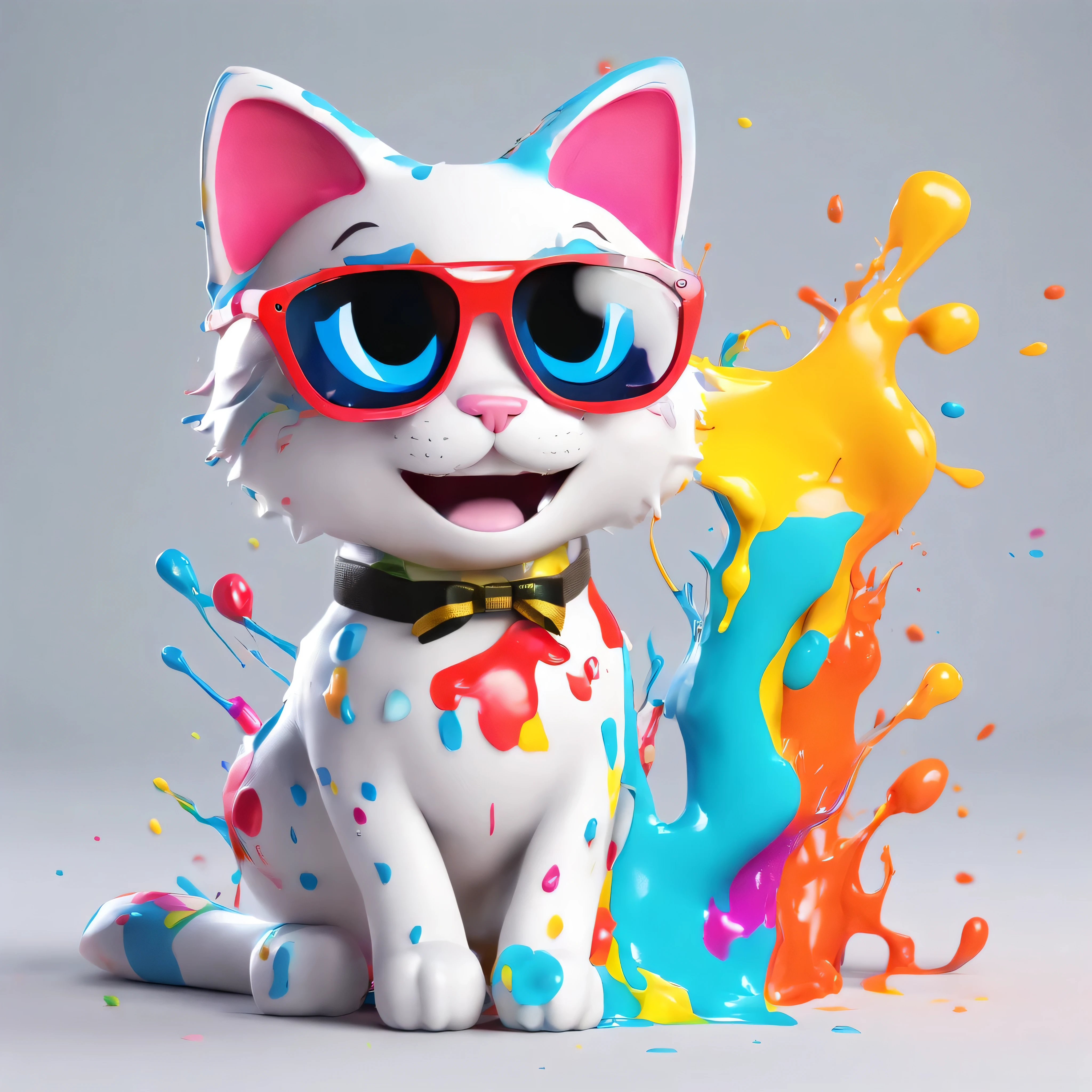 (masterpiece, highest quality, High resolution), white background, ((colorful paint splash, color splash, large amount of ink splash, color splash)), (Cute cat mascot wearing sunglasses), 3D anime, Holding a paintbrush, innocent smile, front, whole body, bucket of paint,