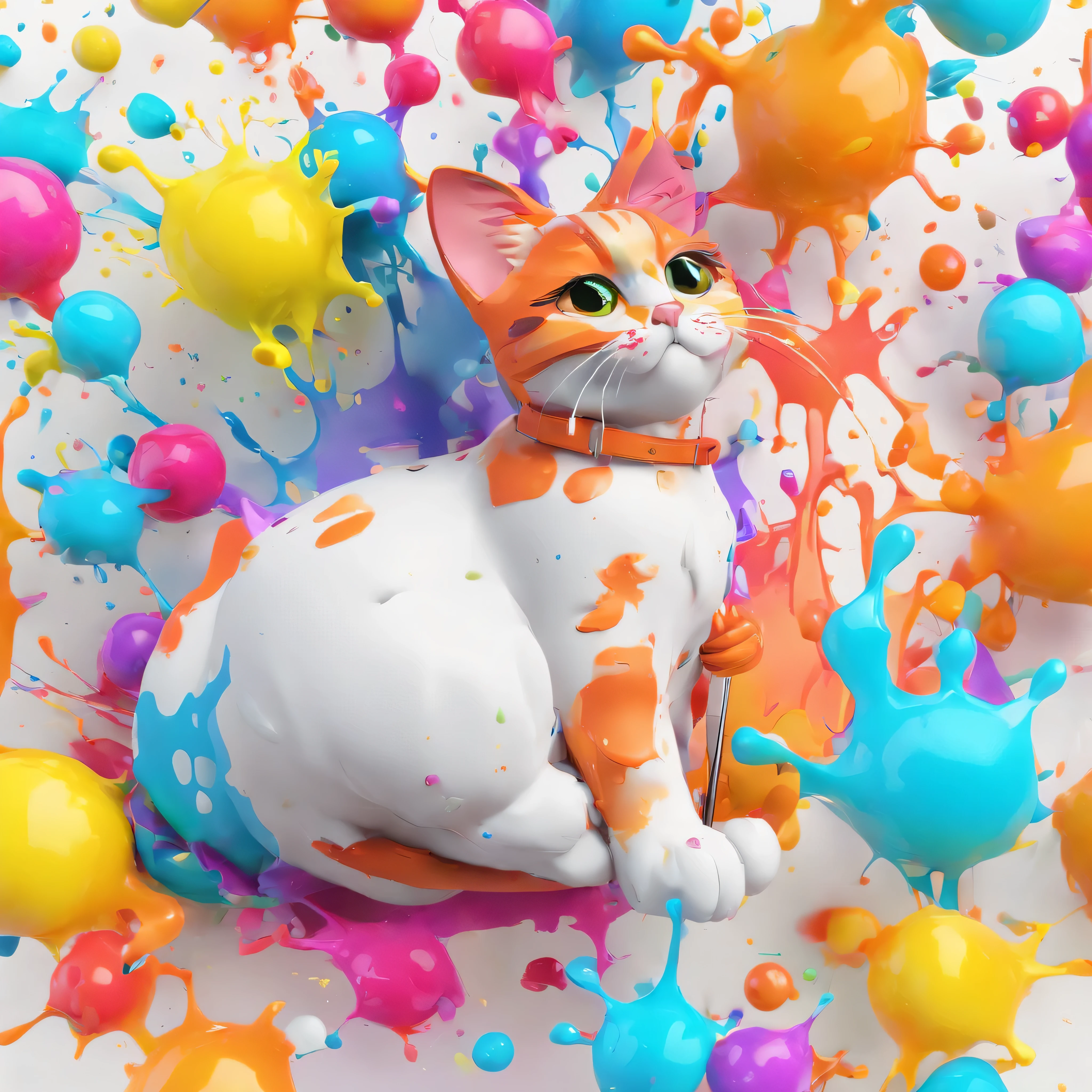 (masterpiece, highest quality, High resolution), white background, ((colorful paint splash, color splash, large amount of ink splash, color splash)), (Cute cat mascot wearing sunglasses), 3D anime, Holding a paintbrush, innocent smile, front, whole body, bucket of paint,