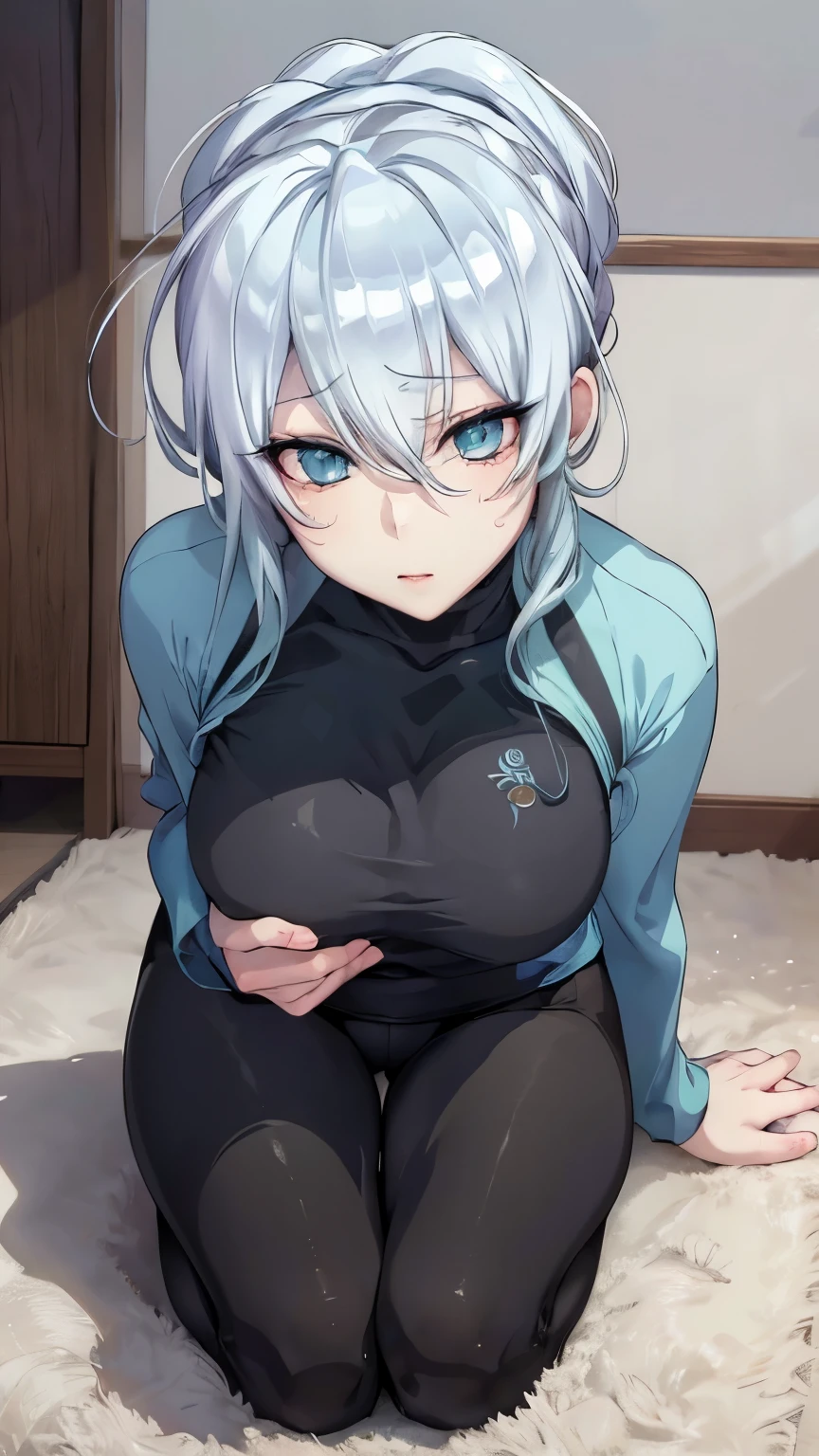 Yukino, on the living room floor, cabelos prateados e olhos azuis, with black training top and training leggings, visual de anime de uma linda garota, captura de tela do filme de anime, & your expression is solemn, no filme de anime, in an anime, visual de anime de uma jovem, ela tem um rosto fofo e expressivo, ainda do anime, peitos grandes, bochecha vermelha, rosto lascivo