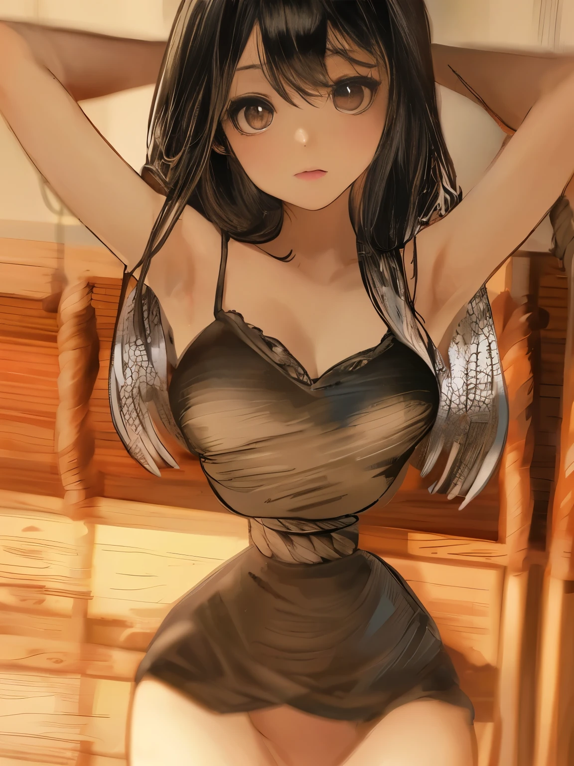 ((masterpiece)), ((best quality)), (ultra-detailed), torture room,(((rope strongly bound waist))),a cute girl, 1girl, solo,camisole,beautiful black hair, (beautiful black eyes), long hair, expression of agony