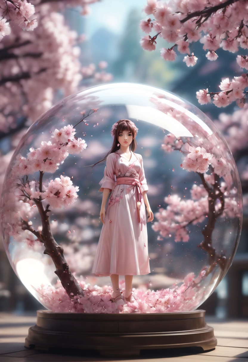 1girl, The Sakura Maiden, aesthetic, Cherry blossom in a glass sphere tilt shift 16k bokeh sparkles surrounded by floating petals, detailed matte painting, deep color, fantastical, intricate detail, splash screen, complementary colors, fantasy concept art, 8k resolution trending on Artstation Unreal Engine 5