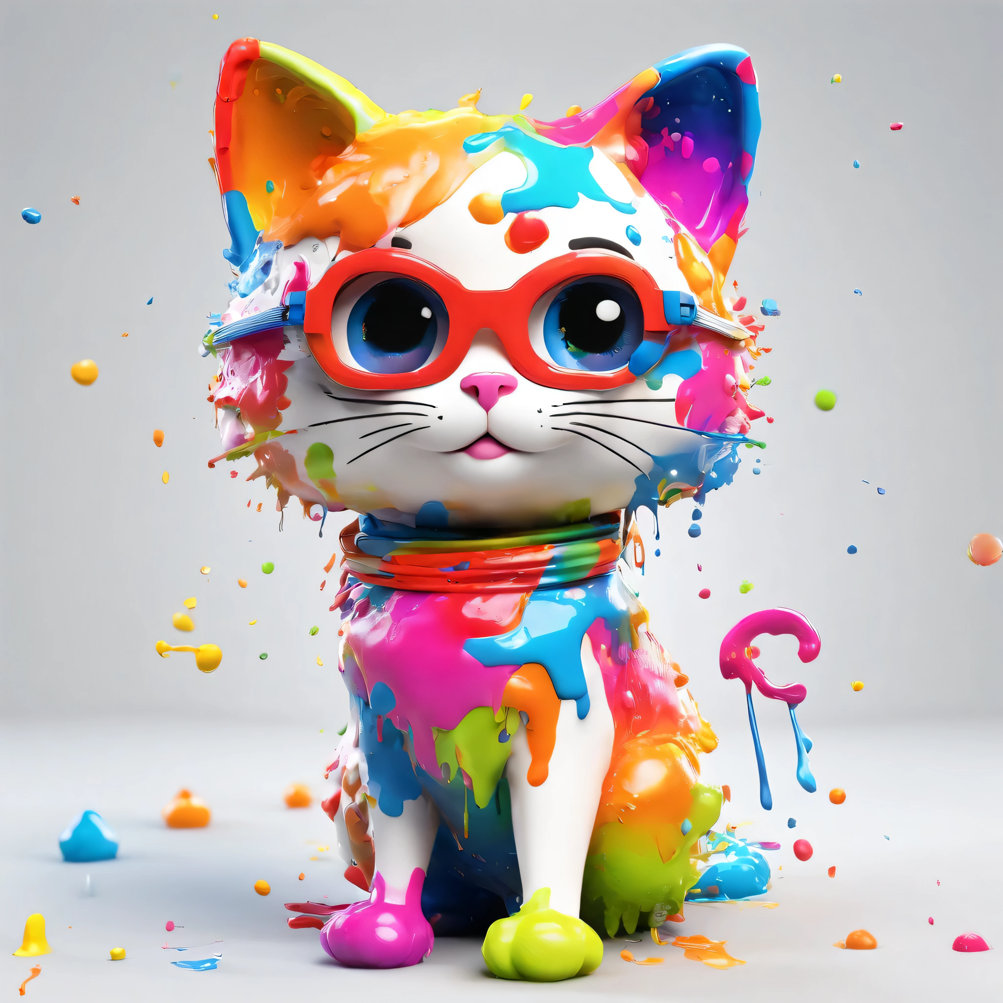 (masterpiece, highest quality, High resolution), white background, ((colorful paint splash, color splash, large amount of ink splash, color splash)), (Cute cat mascot wearing goggles), 3D anime, Holding a paintbrush, innocent smile, front, whole body, bucket of paint,
