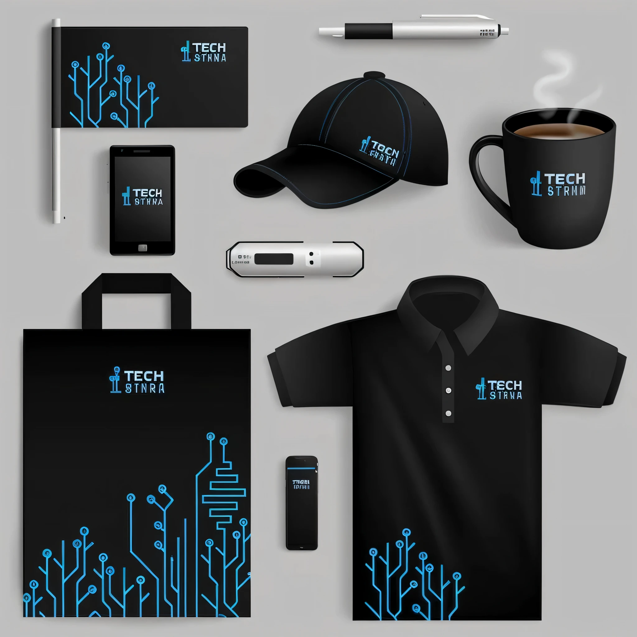 a close up of a black shirt, a cup of coffee, a cell phone, and a hat, tech art, big tech corporate art design, cybertech wear, promotional material, tech pattern, promotional, tech, tech wear!!!, tech wear, technology design, technological, high-tech devices, brand identity, hi-tech style, vector design