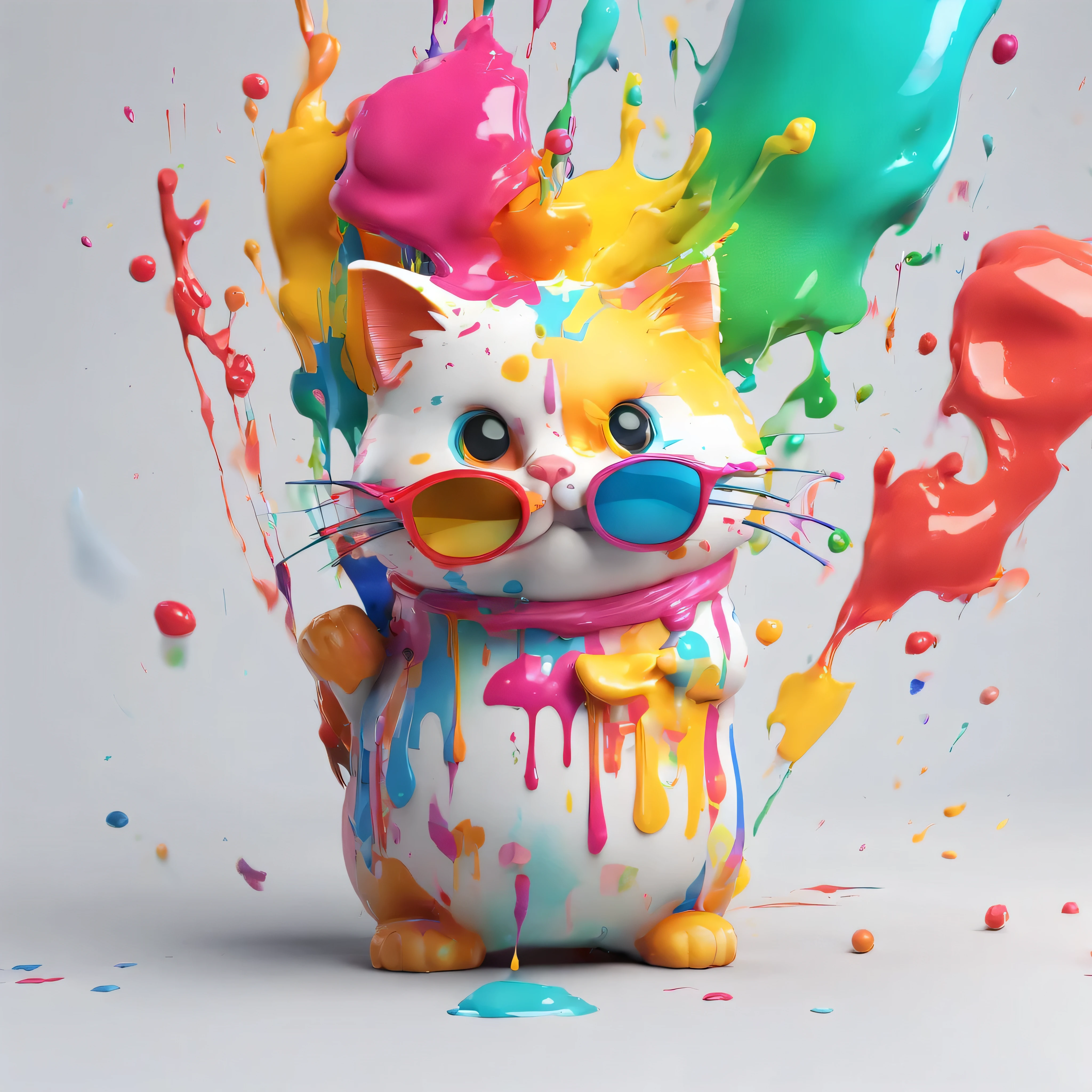 (masterpiece, highest quality, High resolution), white background, ((colorful paint splash, color splash, large amount of ink splash, color splash)), (Cute cat mascot wearing black sunglasses), 3D anime, Holding a paintbrush, innocent smile, front, whole body, bucket of paint,