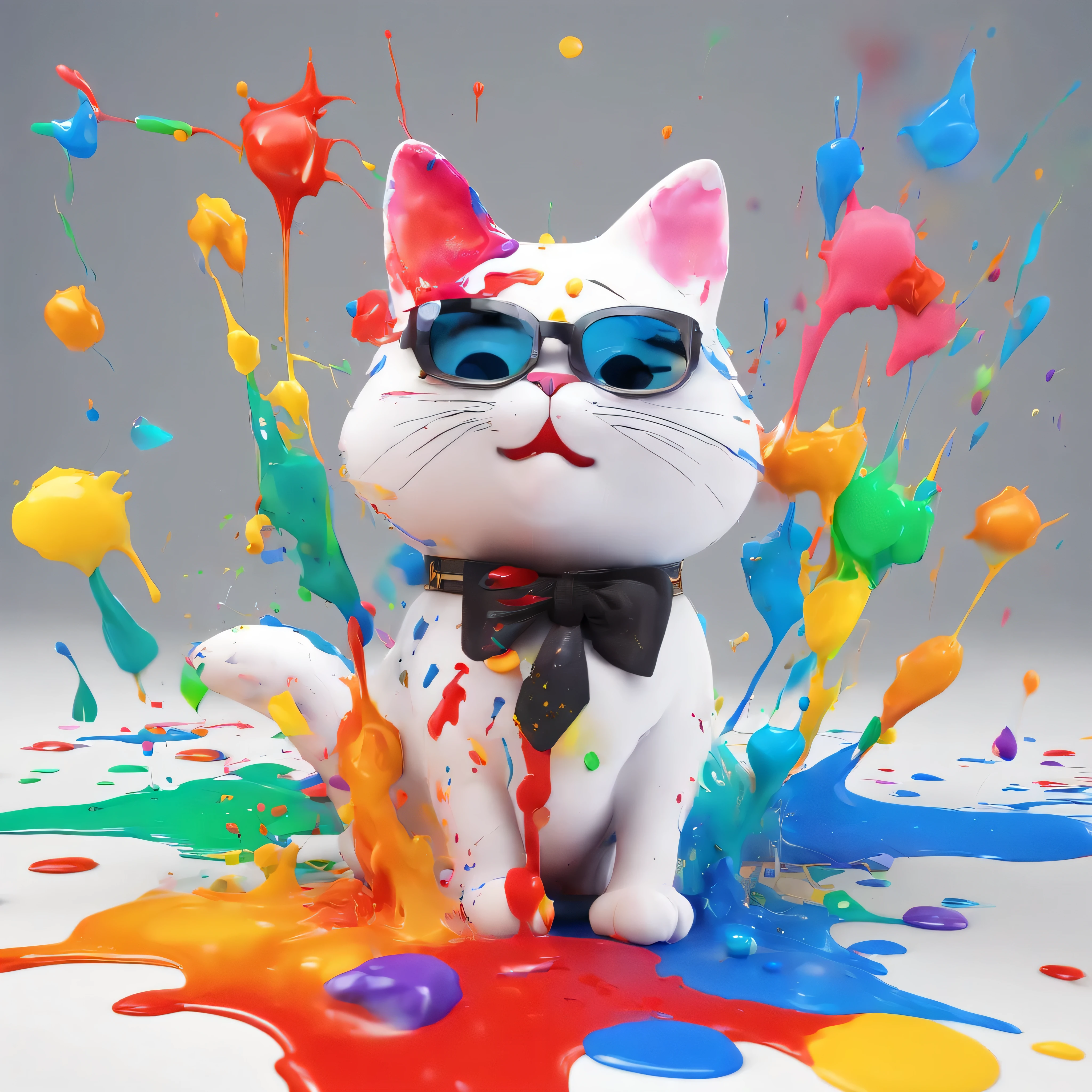 (masterpiece, highest quality, High resolution), white background, ((colorful paint splash, color splash, large amount of ink splash, color splash)), (Cute cat mascot wearing black sunglasses), 3D anime, Holding a paintbrush, innocent smile, front, whole body, bucket of paint,