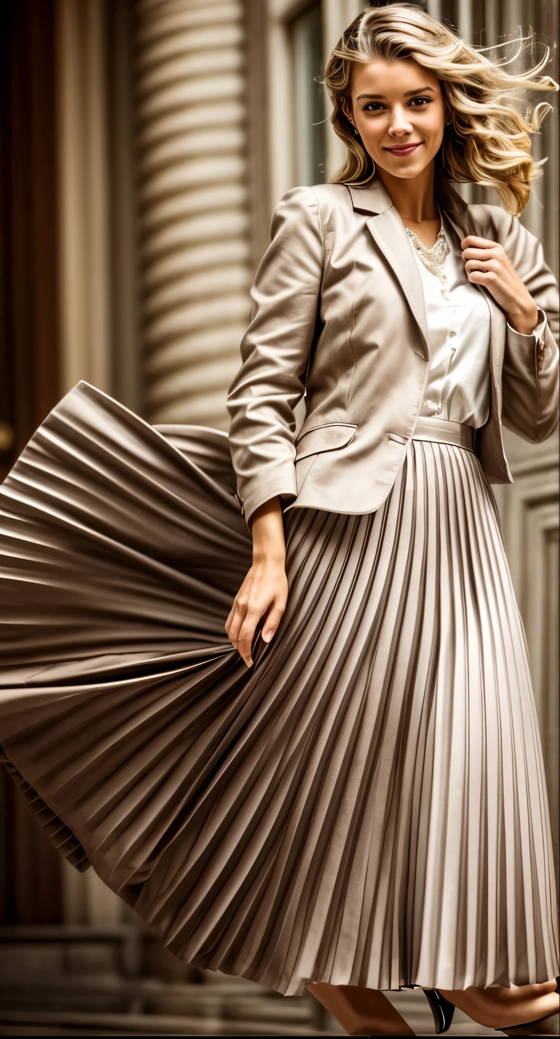 A smiling, authentic, (shy:1,3), kind, beautiful woman, is passionately in love with her skirt, sitting down on the gound while wind lifts her skirt, wearing short blazer and very very detailed (long (fully pleated) full circle skirt) and (low heeled court shoes), very very intricate hyper-detailed symmetric (attractive graceful young feminine face) with (sad, tired eyes and a loving smile), large breasts, full of empathy and compassion and love, (pronounced (feminine) features), (highly detailed ultra accurate realistic) hands and fingers, (windy), epic composition, highly detailed attributes, (35mm f1.4 Kodak portra 400 photograph), extremely high quality RAW photograph, highly detailed atmosphere, sci-fi, cinematic shot, dynamic lighting, 75mm, Technicolor, Panavision, cinemascope, sharp focus, fine details, 8k, HDR, realism, realistic, key visual, film still, superb cinematic color grading, depth of field