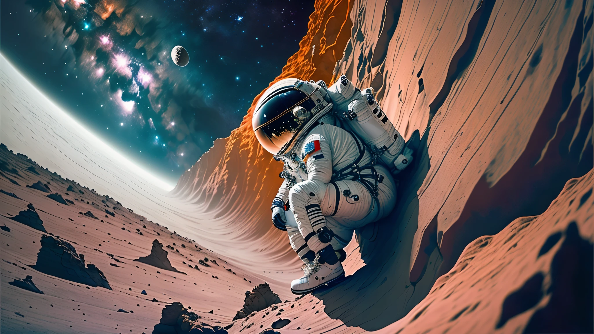 (Close-up of astronaut climbing a rocky cliff in a spacesuit), fully space suited, astronaut lost in liminal space, dusty space suit, astronauta, astronaut in space, ("Lunar space" Tema）, astronauta detalhado, astronaut in space, Traje espacial, Redshift resonance, （astronautas climbing cliffs in space）, astronauta abaixo, space backround, wear spacesuits, astronauta Cyberpunk Electric, space