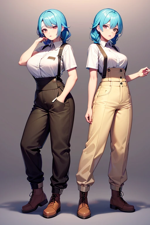 ((highest quality)), ((masterpiece)), (be familiar with), perfect face, one girl、、big breasts、small face、long hair、silky hair、foreign style braids、pastel blue hair、Full body figure、standing position、khaki、Work clothes、pants、Jumpsuit、work apron、safety boots、（background whiteの壁）、no background、background white、