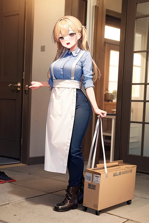 ((highest quality)), ((masterpiece)), (be familiar with), perfect face, one girl、15 years old、big breasts、small face、long hair、silky hair、foreign style braids、pastel blue hair、Full body figure、standing position、khaki、Work clothes、pants、Jumpsuit、work apron、safety boots、（Background: White wall）、no background