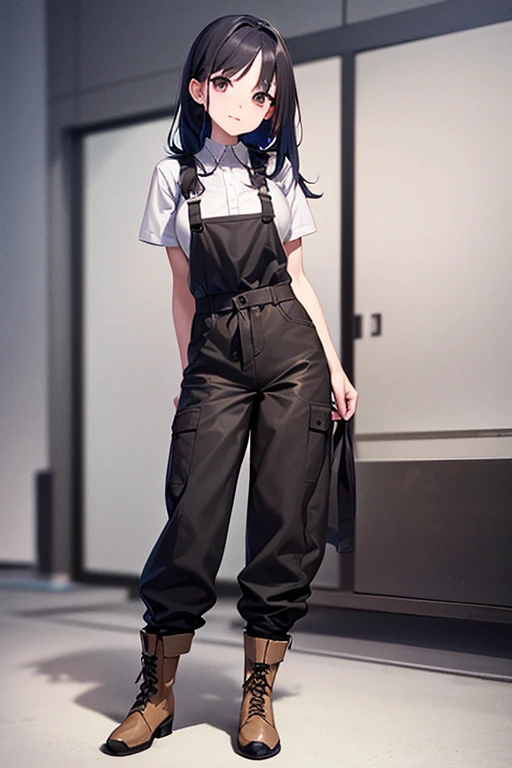 ((highest quality)), ((masterpiece)), (be familiar with), perfect face, one girl、15 years old、big breasts、small face、long hair、silky hair、foreign style braids、pastel blue hair、Full body figure、standing position、khaki、Work clothes、pants、Jumpsuit、work apron、safety boots、（Background: White wall）、no background