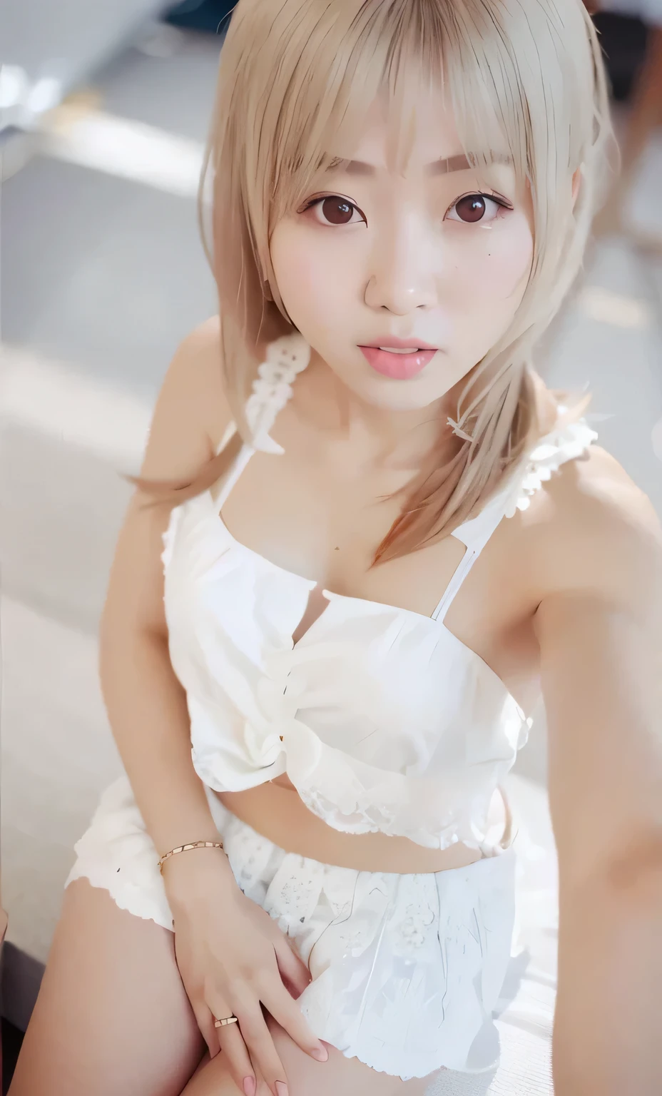 araffe asian woman with a white dress and a pink lip, profile pic, asian, sakimichan, shikamimi, sakura kinomoto, low quality photograph, sakimi chan, anime thai girl, uploaded, wearing white camisole, milky white skin, chiho, 2263539546], 1 8 yo