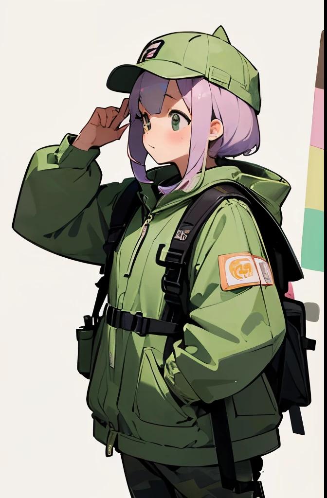 8K, highest quality, masterpiece, super detailed、(cute illustration:1.5),(pastel colour:1.5),(cute,cute,sweet:1.2),pastel colour 1人の美女、whole body,(open stance)、pastel colour美女、Remains、is investigating、safari jacket、safari hat、Have a pickaxe、Explorer's attire、Have binoculars、carrying a large backpack、camouflage clothing、in the forest、古代Remains