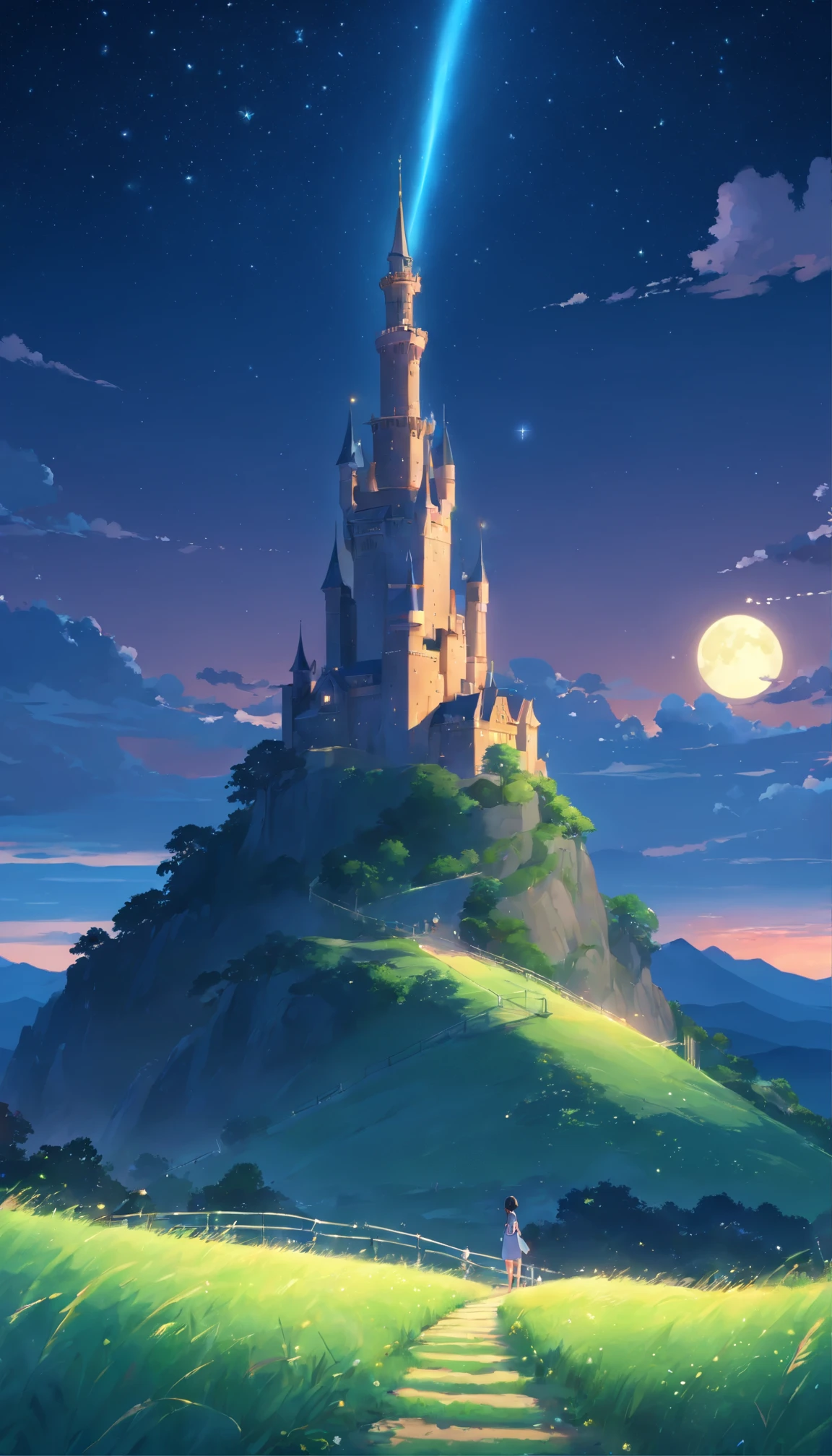 Castle tower, hills, shiny stars at night, moon, Grass field