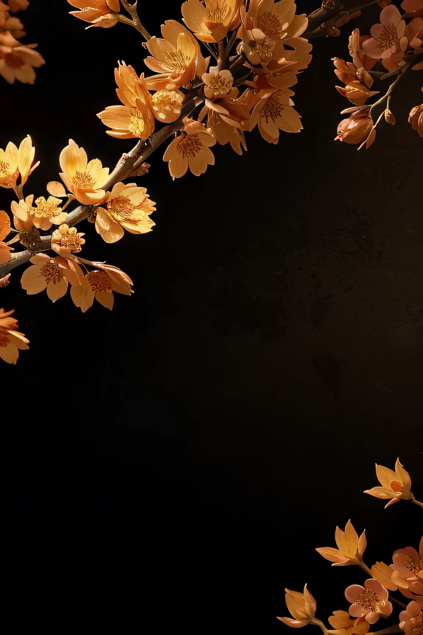 black wallpaper background, the most distinct chinese sakura style, with golden color texture