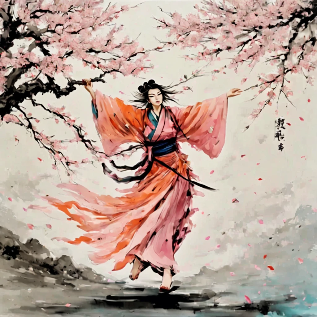 High Resolution, High Quality Sketch in color alcohol ink . The graphics are a masterpiece. Ukiyo-e style. Nihongo style. A beautiful woman in a kimono with a katana is flying between the trees. A reminiscence of the movie House of Flying Daggers. Cherry blossoms. The petals are flying. Movement. Sharp focus. 32k. Hyperdetalization., perfect composition, beautiful detailed intricate insanely detailed octane render trending on artstation, 8 k artistic photography, photorealistic concept art, soft natural volumetric cinematic perfect light, chiaroscuro, award - winning photograph, masterpiece,