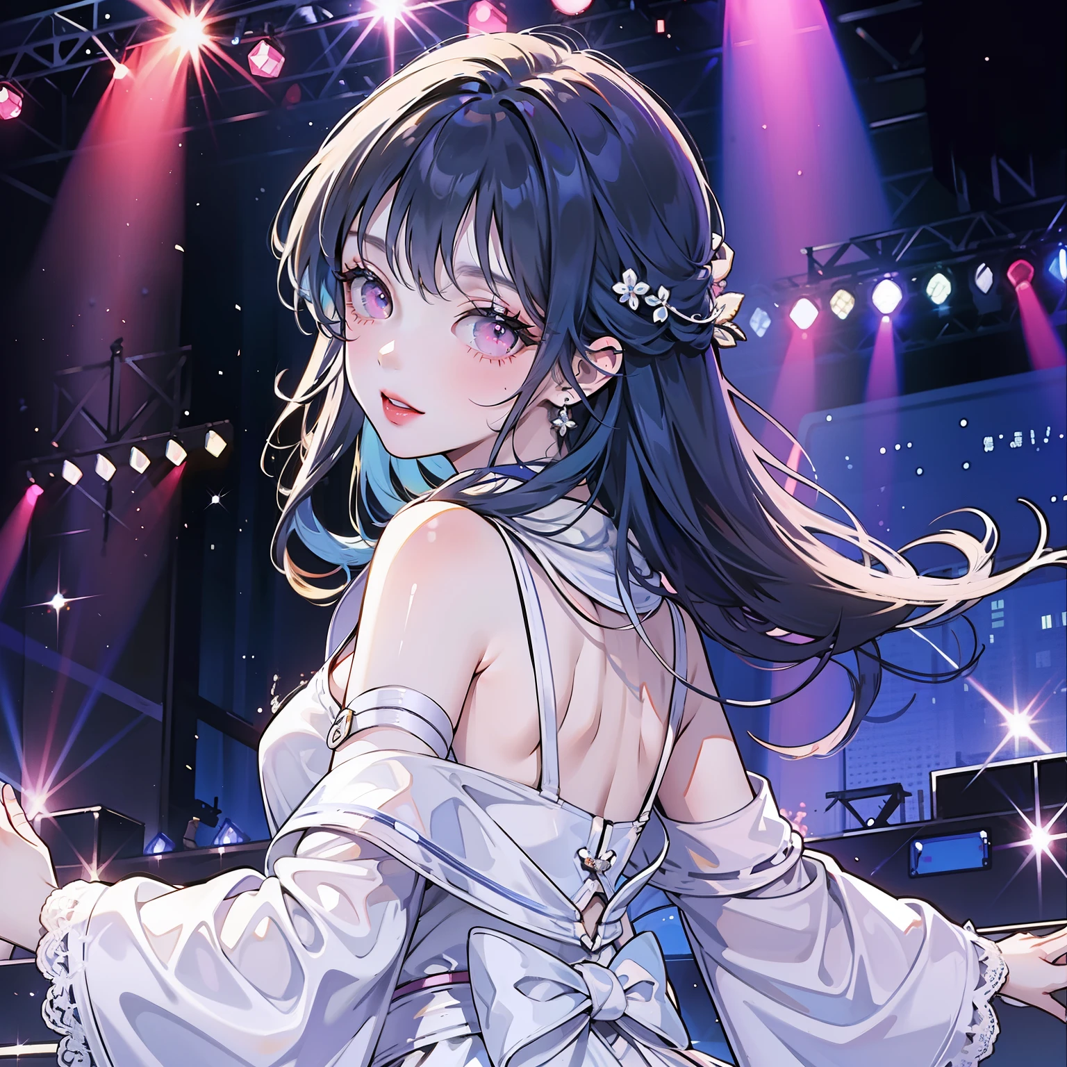 My favorite 、Idol、stage、backwards、whole body looking back、pink eyes、blue hair color、full body shot