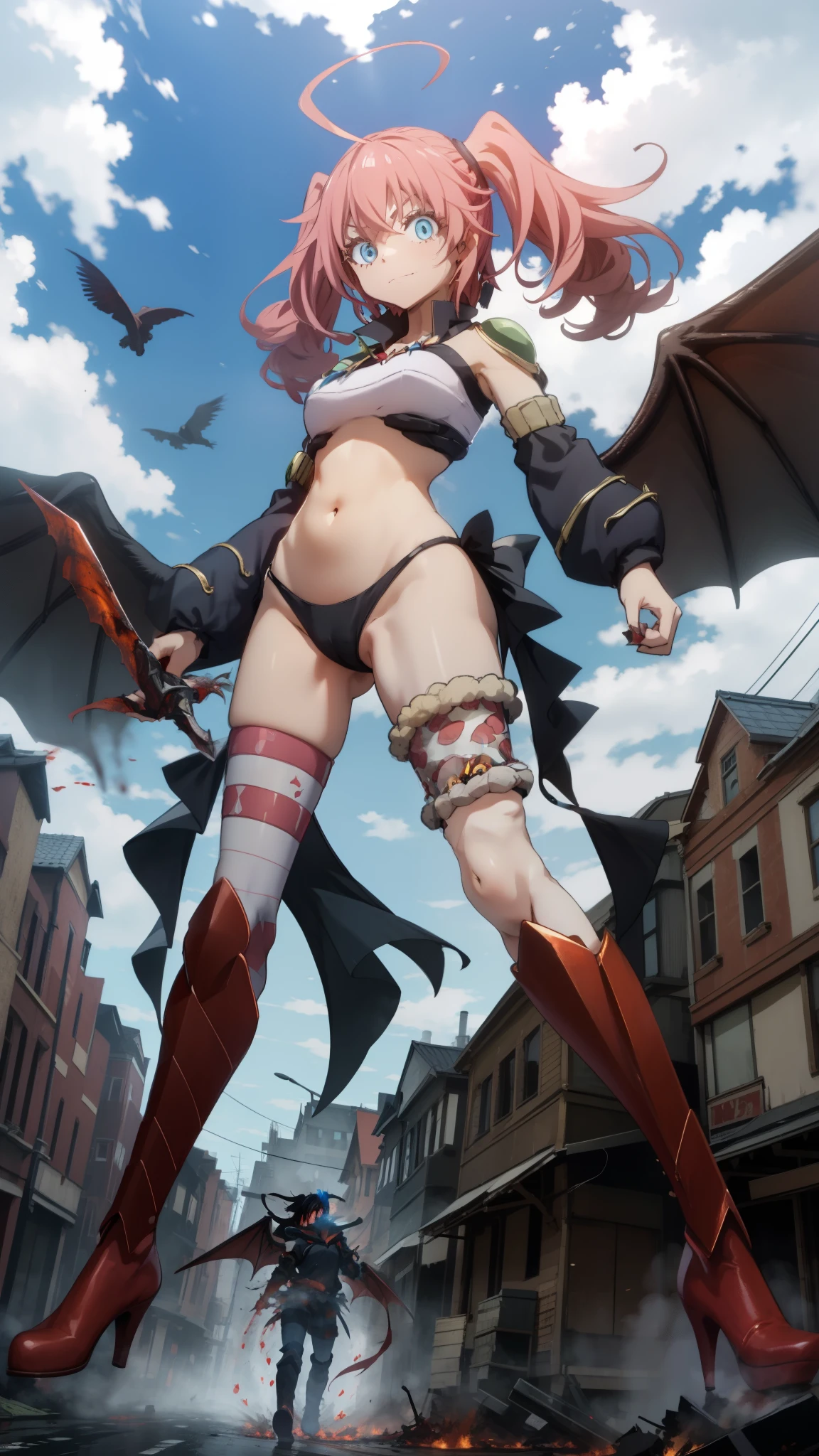 giant girl 50,0000000 feet tall,，Have a pair of long legs，Possessing a pair of huge blood-red demon wings，And a pair of blood-red devilish eyes，Have waist-length black hair，loose hair， Wearing a pair of curly hair in high heels，Holding a demonic sword，A look of pleasure，Standing in a small town crowded with people, wantonly destroying them，It seems like an invincible existence