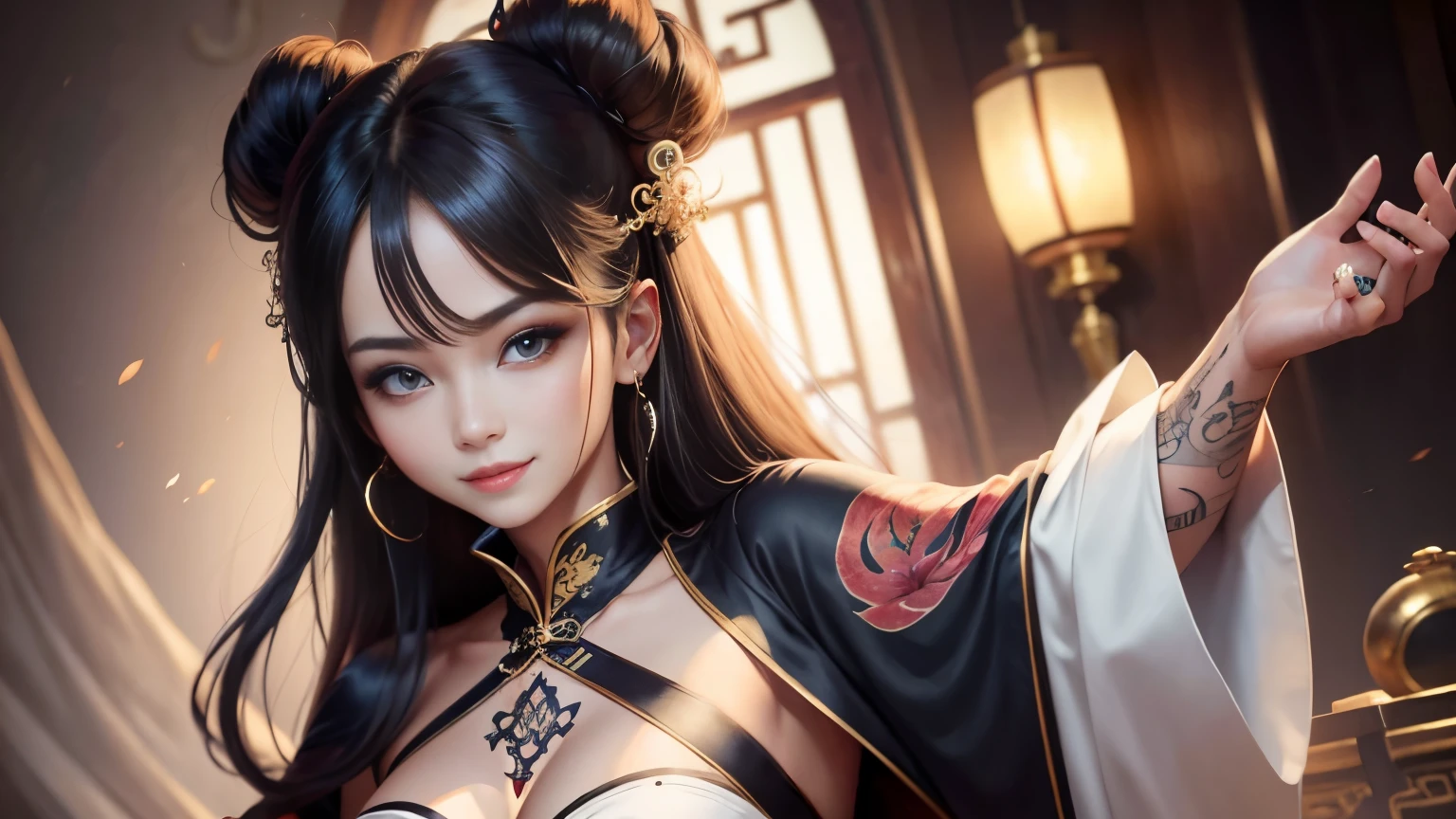 High resolution, 1 female, hip up, beautiful eyes, Ring-shaped eyes, jewelry, tattoo, Hanfu, chinese fairy, taoist uniform、cleavage、smile、