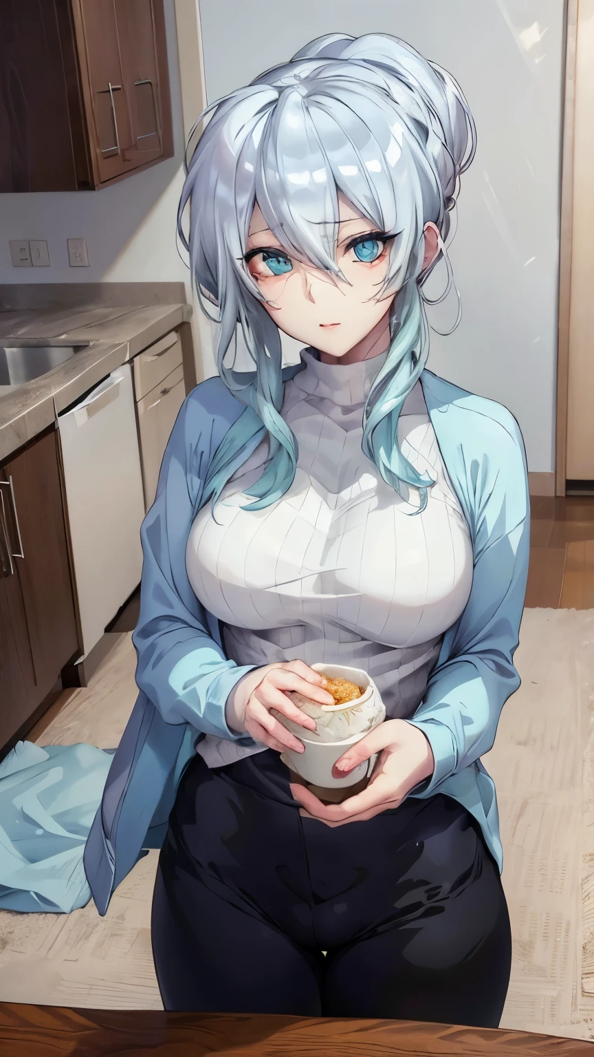 Yukino, na cama, cabelos prateados e olhos azuis, with black training top and training leggings, visual de anime de uma linda garota, captura de tela do filme de anime, & your expression is solemn, no filme de anime, in an anime, visual de anime de uma jovem, ela tem um rosto fofo e expressivo, ainda do anime, peitos grandes, bochecha vermelha, rosto lascivo, High-resolution, detailed image, detalhes perfeitos