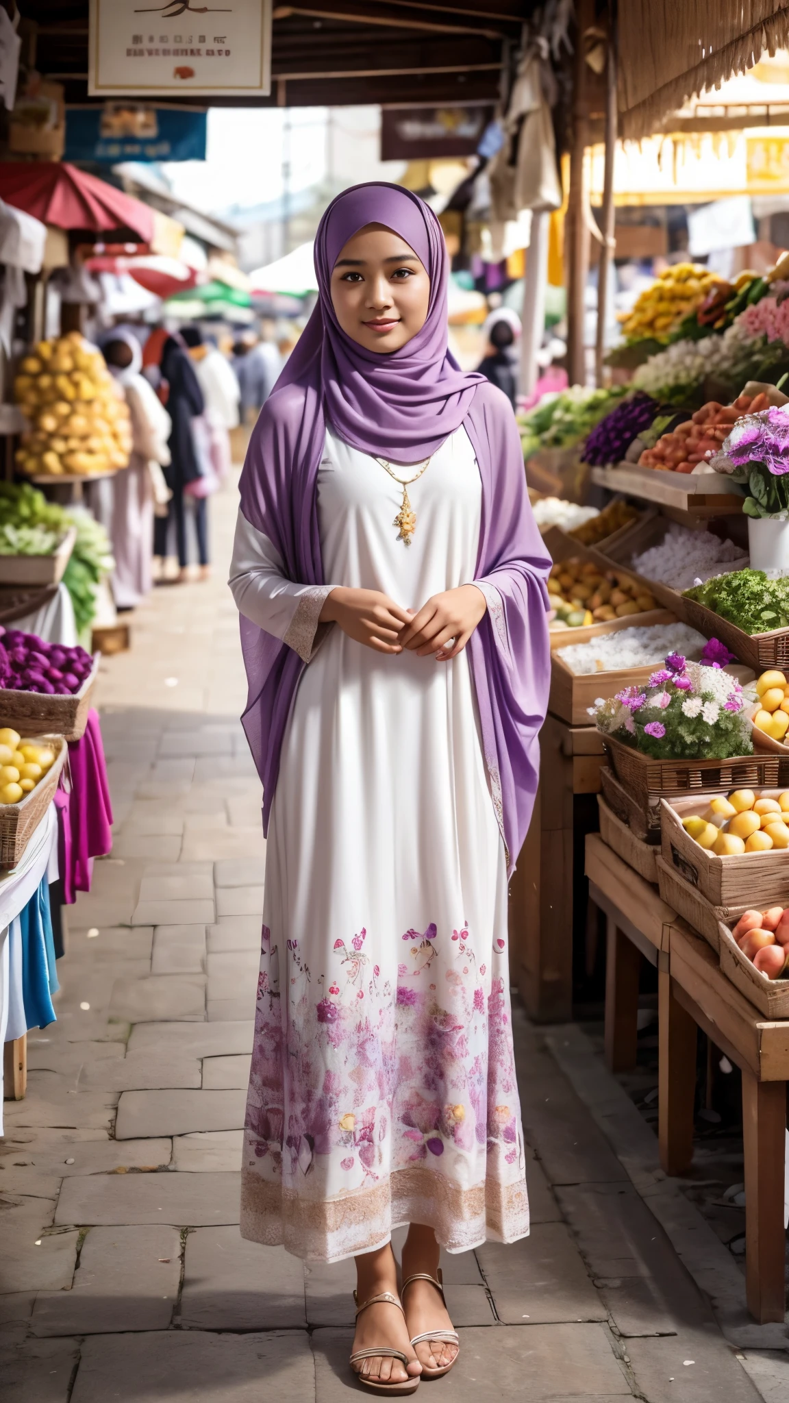 Cute Indonesian young man,wearing soft purple hijab, perfect hijab, muslim women white long floral dress, perfect dress, sandals, a purse on shoulder,standing in a market,illustration,cozy atmosphere, morning scene,tranquil surroundings,serene expression,peaceful environment,pleasant weather,blissful ambiance,textured fabrics,exquisite detailing,lively marketplace,loose hijab,comfortable clothing style,serene expression, feminine pose,lively,energetic atmosphere,sunny day,bright and cheerful,face to viewer,body facing to viewer,full body portrait,tall background 