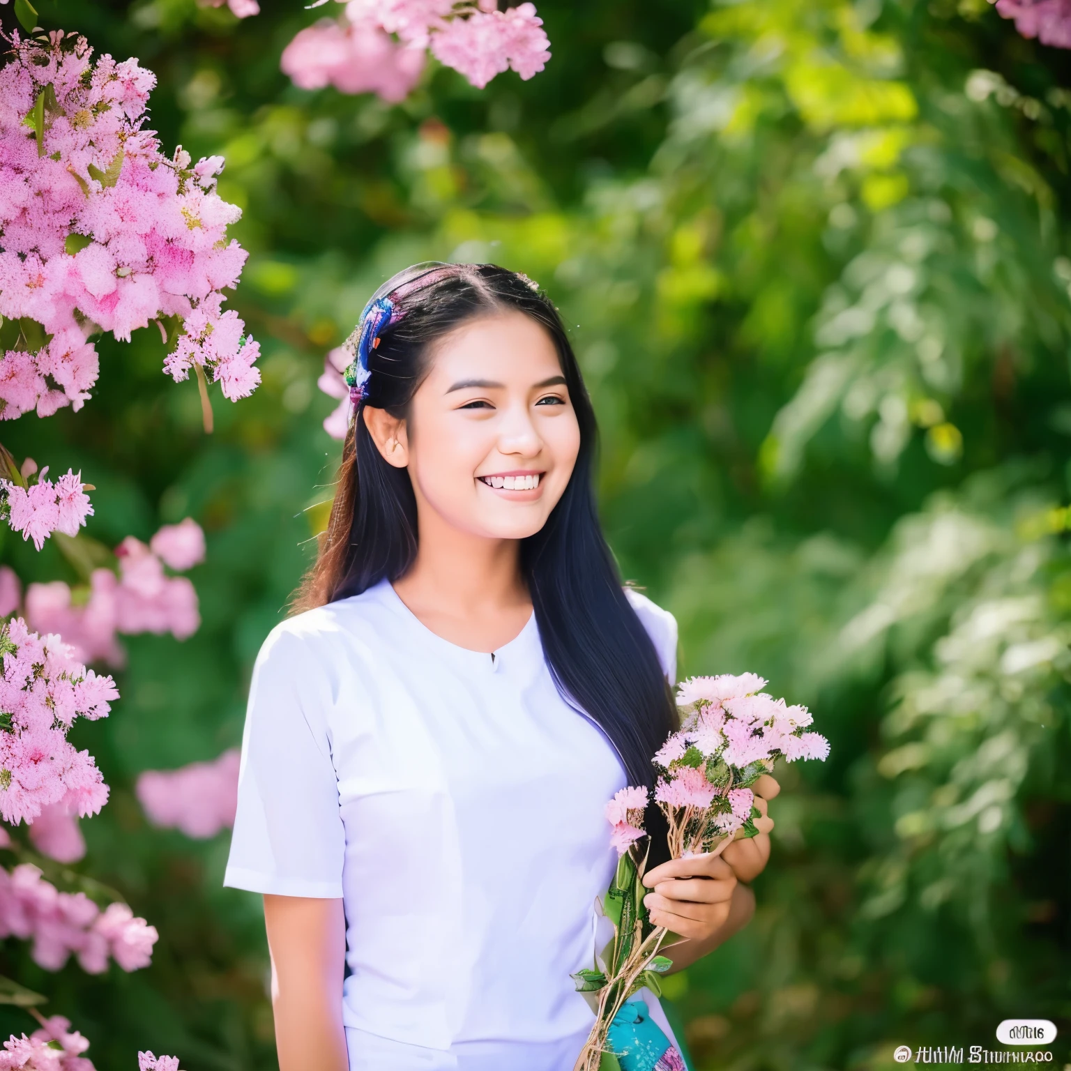 The 20-year-old Burmese girl face in Burmese Thanaka and long hair is smiling and at the falling Burmese Gumkino petals under the burmese gumkino tree. In the background, the colorful Aster flower are blooming. The girl is wearing a T-shirt. The correct name " Htay Htay Thu " is written on the front. The side of the name is decorated with Gumkino flowers.