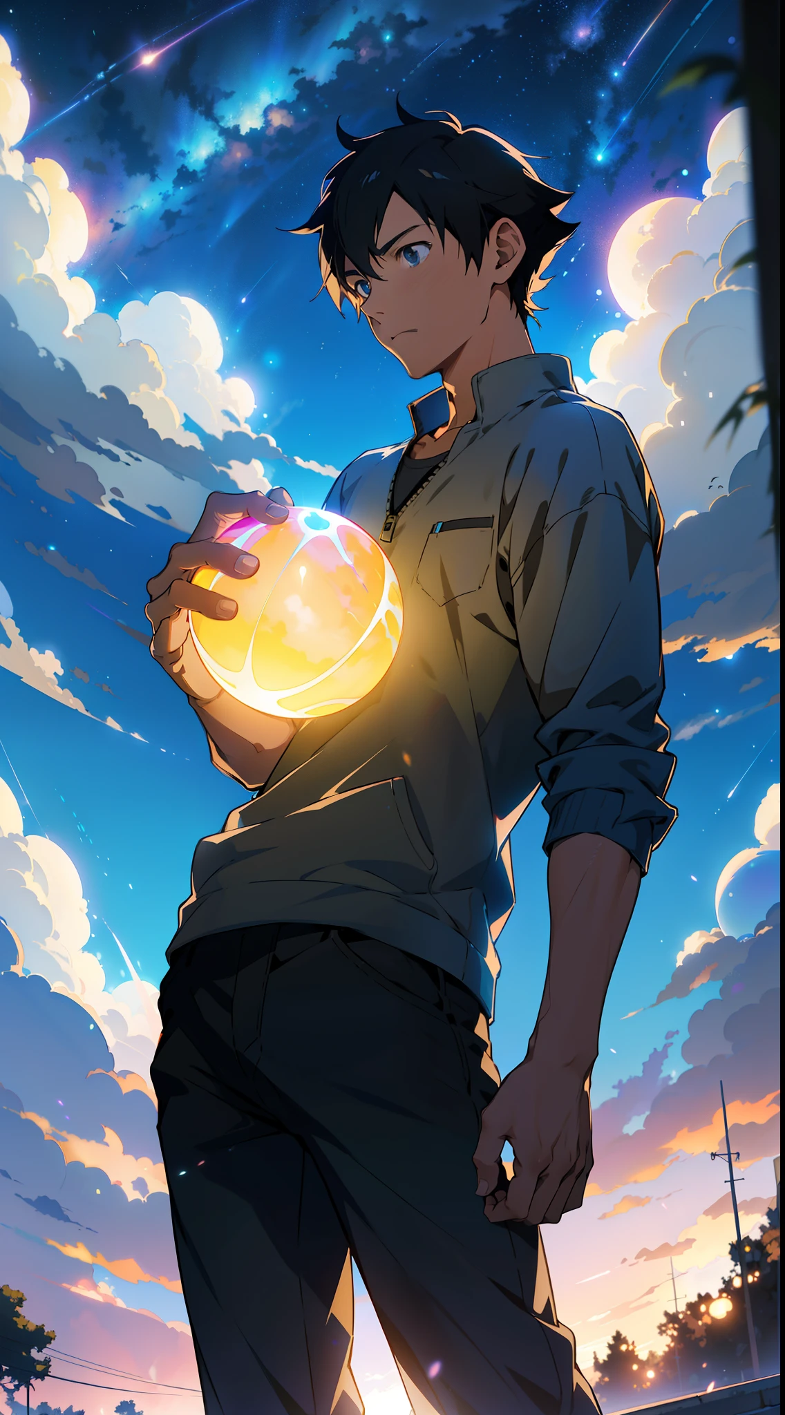 ((anime boy holding a glowing ball in front of a colorful sky)), makoto shinkai cyril rolando, makoto shinkai. digital render, makoto shinkai!, makoto shinkai. —h 2160, makoto shinkai!!, in style of makoto shinkai, ( ( makoto shinkai ) ), makoto shinkai style