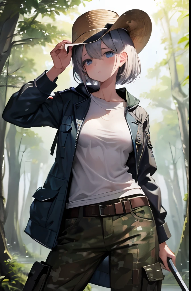８K, highest quality, masterpiece, super detailed、silver hair、short hair、medium breasts、、full lips、　best quality、、pale blue eyes、Spread Legedium breasts、whole body,(open stance）、Remains、is investigating、safari jacket、safari hat、Have a pickaxe、Explorer's attire、Have binoculars、camouflage clothing、in the forest、古代Remains、soaking wet、clothes are wet、blush